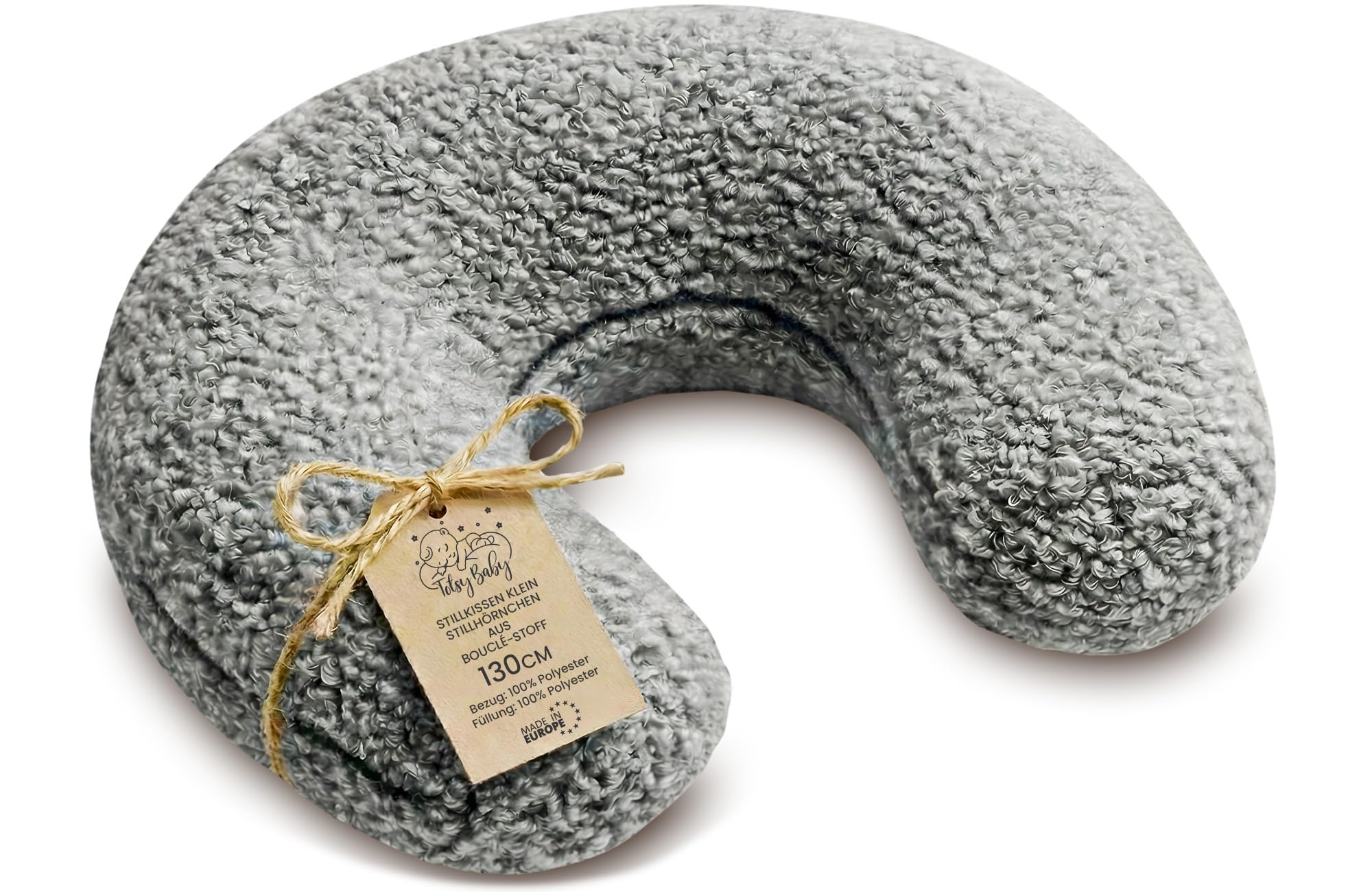 Totsy Baby Stillkissen klein Mond Boucle 130 cm - Nursing und Breastfeeding Pillow Stillmond Stützkissen Stillhörnchen kleines Still Kissen und Lagerungskissen beim Stillen Oeko-Tex Hellgrau