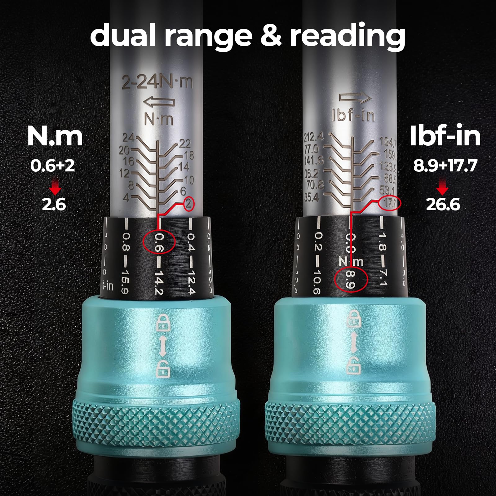 BLUEMARS Set di 33 chiavi dinamometriche da 0,6 cm, 2-24 Nm, piccolo strumento di riparazione per biciclette con cricchetto a 72 denti, precisione ± 3%, include barra di estensione e punte in acciaio