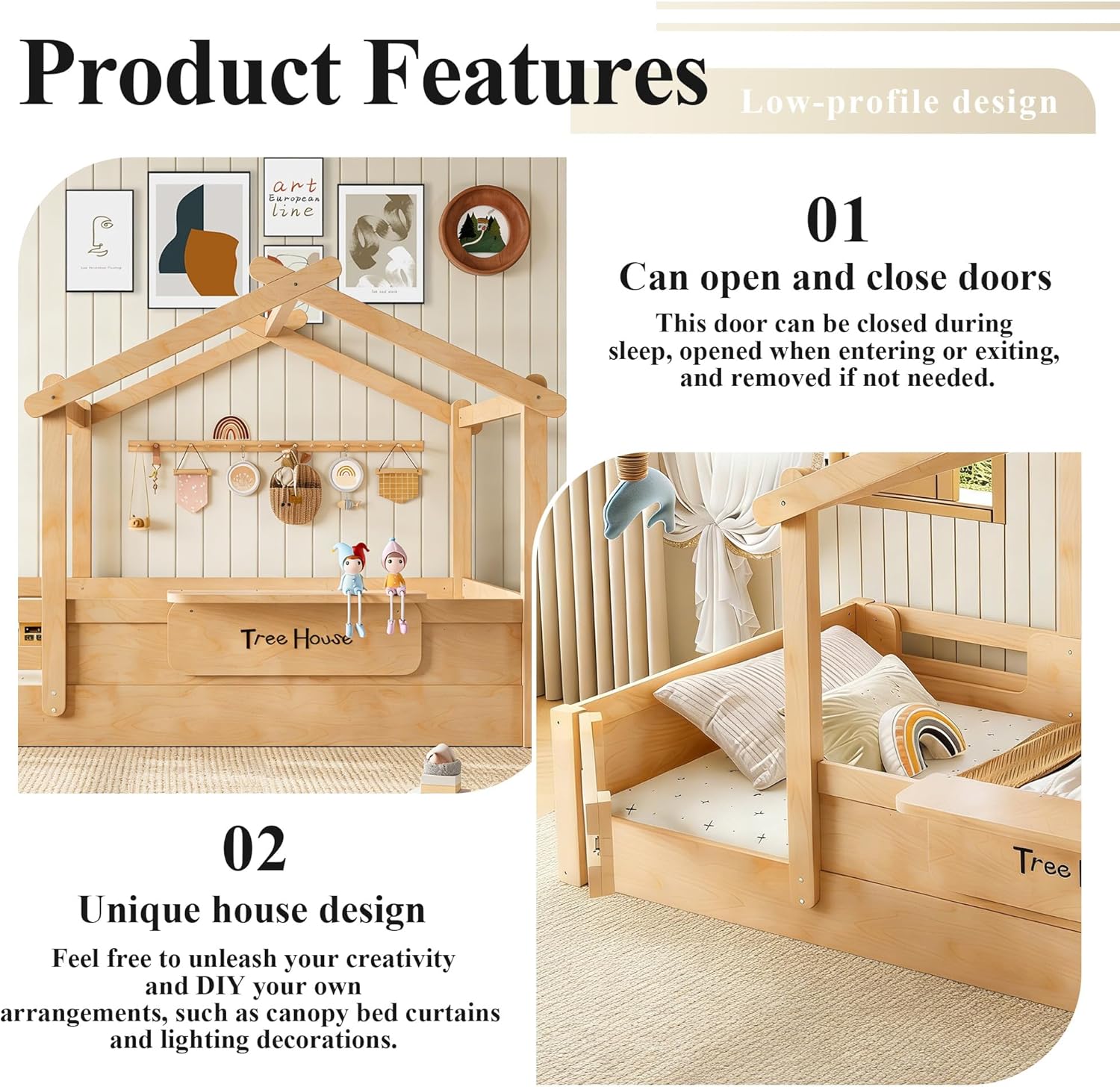 Bellemave Twin Size Floor House Bed with Door and Guardrails, Kids House Beds with Tray and Free-Installed Signboard, Twin Platform Bed Frame for Girls Boys, Natural