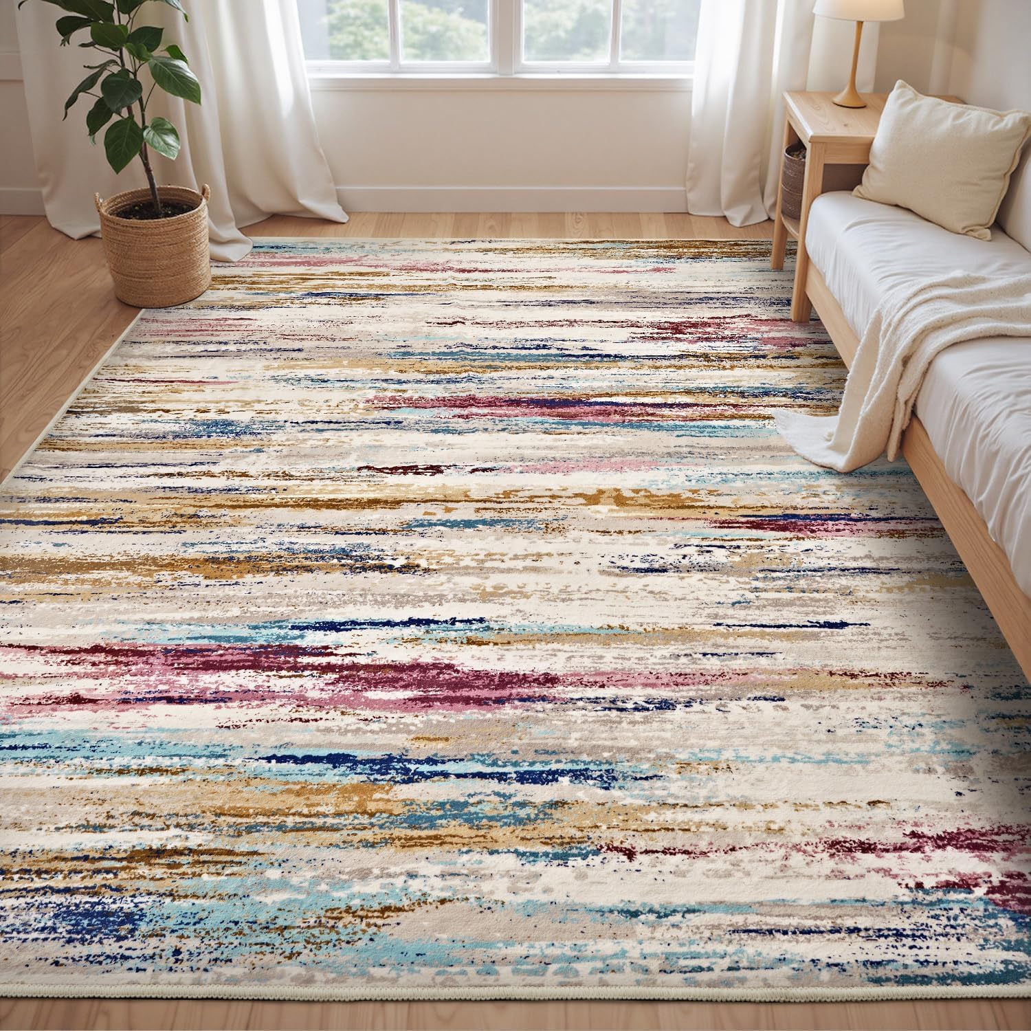 Tappeto Moderno Pelo Corto Tappeti Decorazioni Interni Camera Salotto Lavabile,Astratto moderno blu, marrone, arancione rosso multicolore, multicolore, 80 x 150 cm
