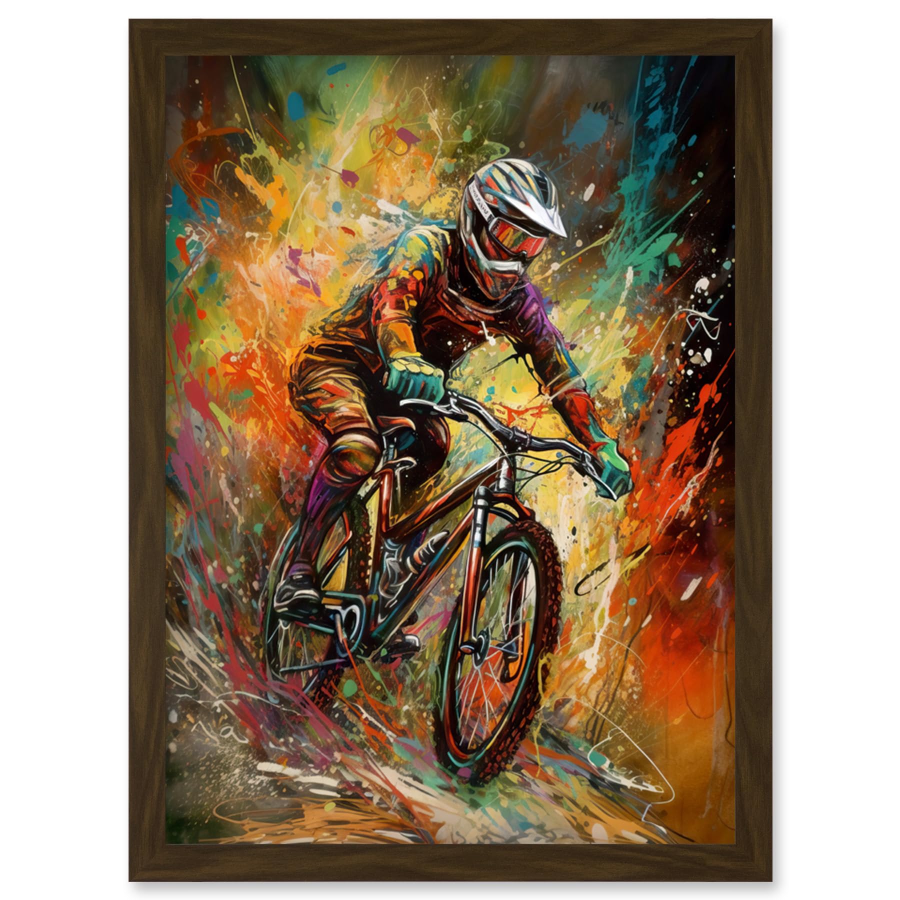 Artery8 Mountain Biker Paint Splat Portrait Action Shot Artwork Framed Wall Art Print A4