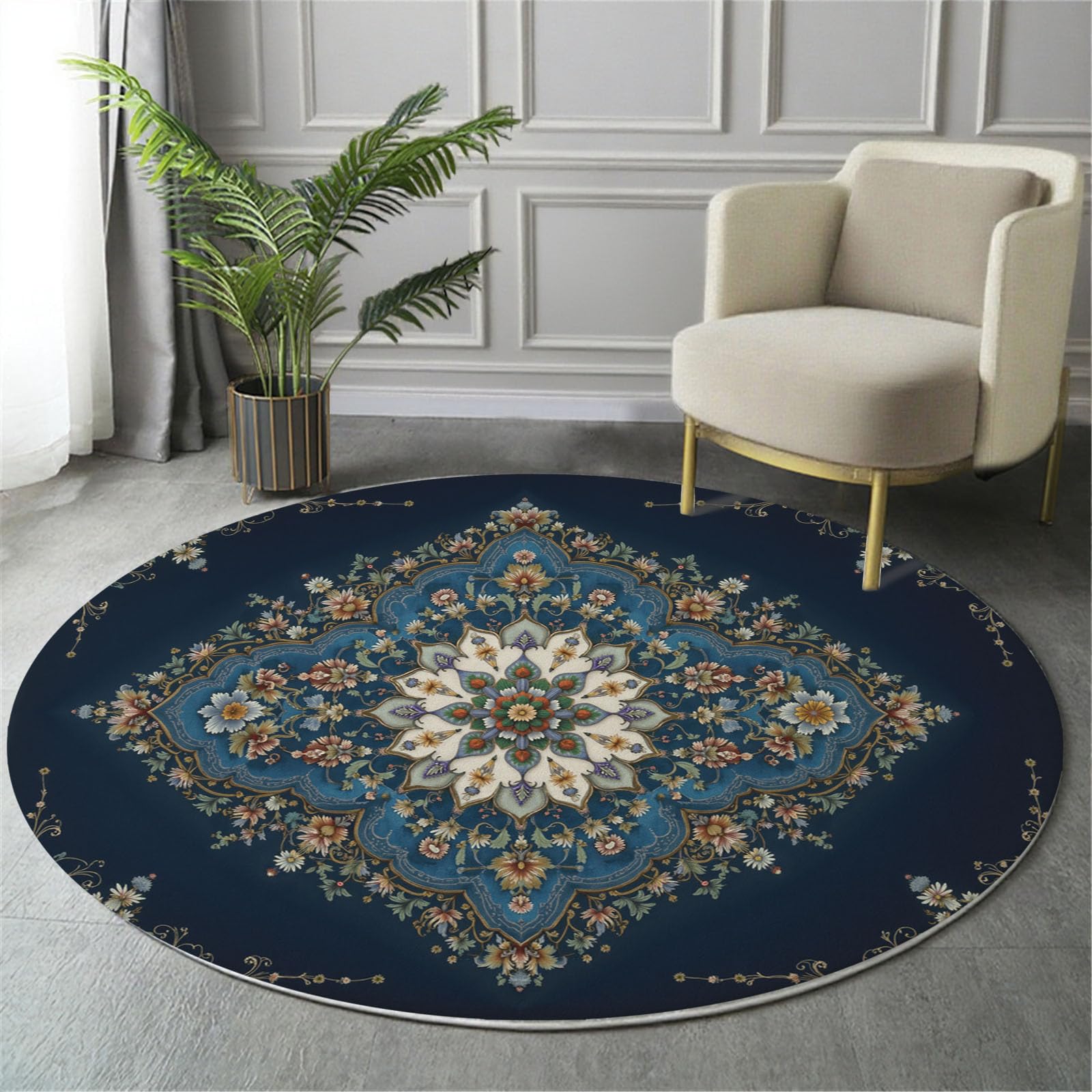 Tapis Rond 120cm Lavable Machine, Moquette Antidérapante Poil Bas Style Style de Tapis Persan, Motif Motif Floral géométrique Doux pour Salon, Chambre, Cuisine, Nursery, Bureau Bleu foncé