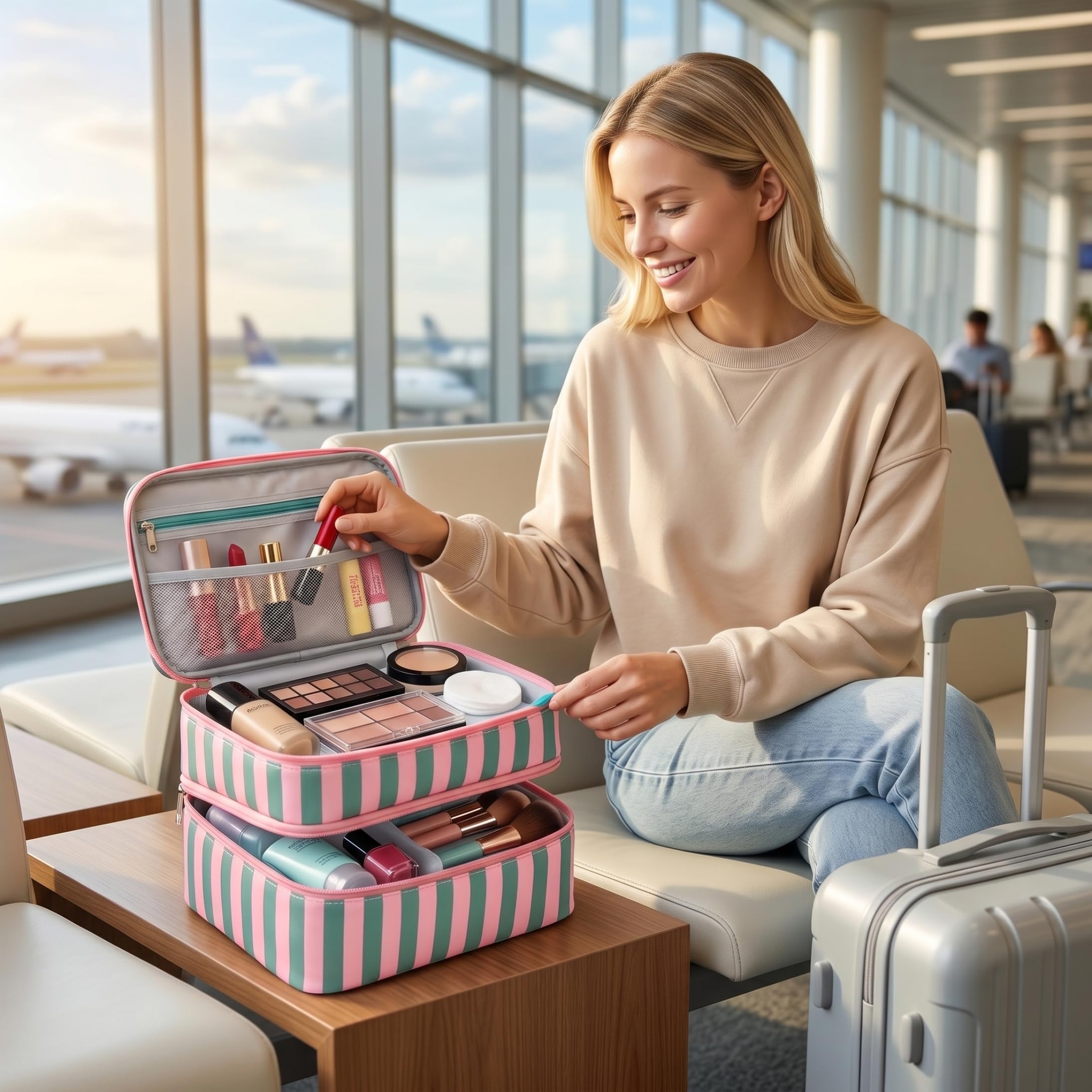 Borsa organizer per smalti, organizer a doppio strato con scomparti multipli, borsa per kit unghie di grande capacità, a strisce verdi e 1