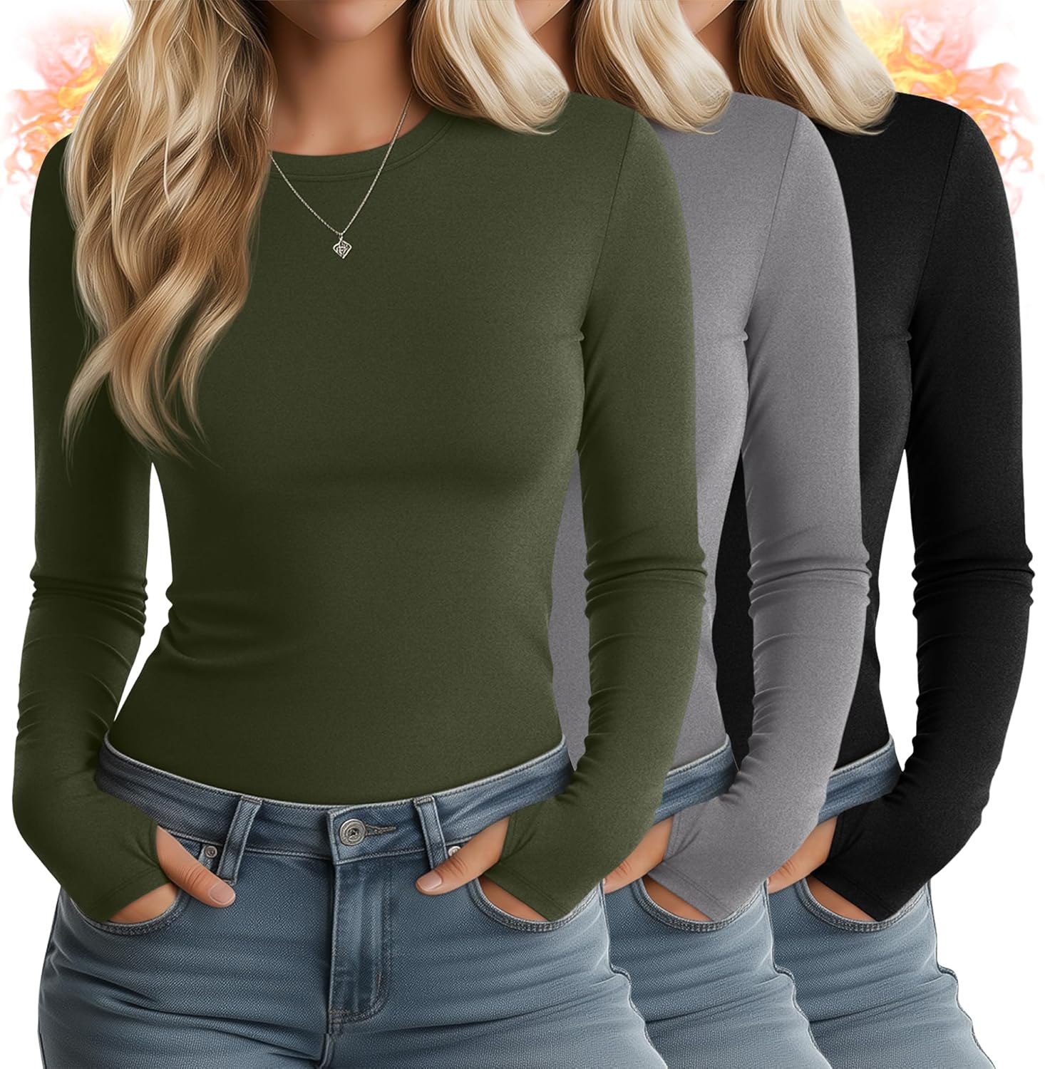 Huukeay 3 Pack Women's Thermal Shirts with Thumb Holes Long Sleeve Basic Tops Slim Fit T-Shirts Casual Soft Fleece Layer
