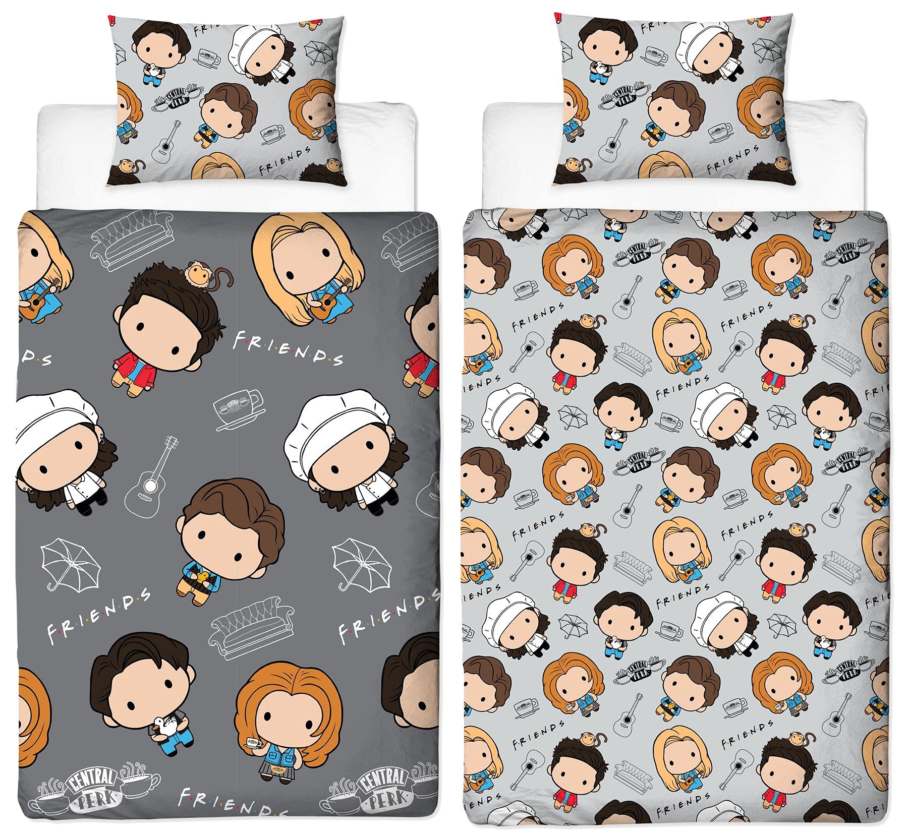 Friends Tv Show Single Duvet Cover - Chibi Design - Officially Licensed Reversible Bedding Set With Matching Pillowcase