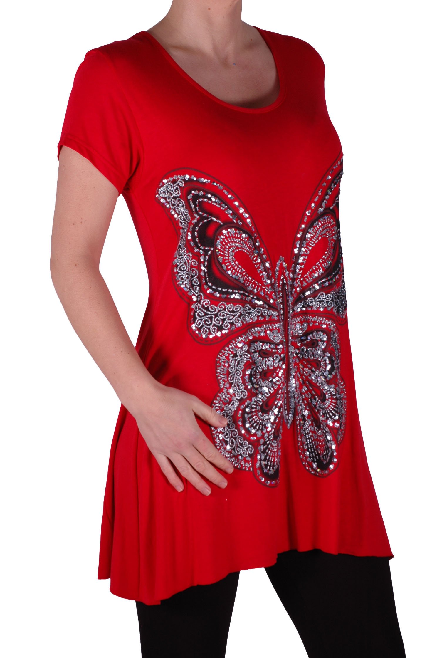 Eye Catch Plus - Butterfly Motif Long Womens Short Sleeve Loose Stretch Ladies Top Red Size 14