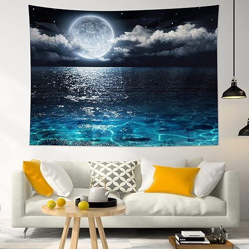 Miniatura 3 de LB Tapiz de cielo nocturno, luna llena en el mar, tapiz colgante de pared, tapiz de nube blanca, tapiz de acuarela, tapiz de pared para dormitorio,