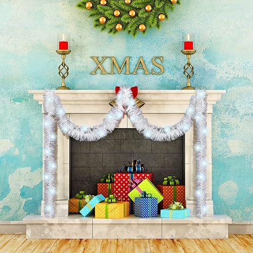 Vista 6 de Kingdder 16.4 ft Christmas Tinsel Garland Lighted Metallic Twist Tree Decoration Prelit Battery Operated 50 LED Hanging Garland for Xmas New Year
