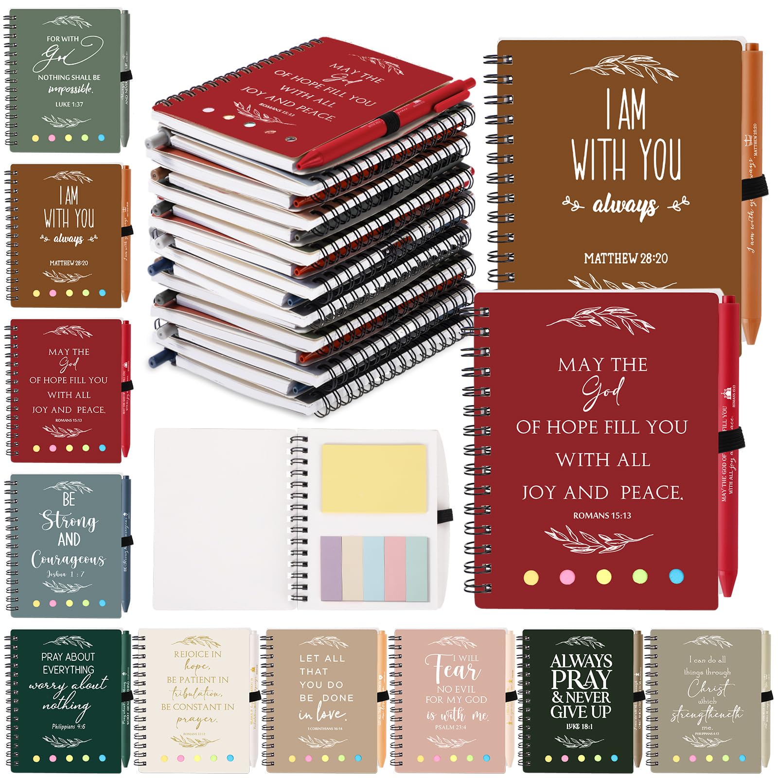 Kosiz 20 Pcs/10 Set Mother's Day Christian Gift Bulk Spiral Religious Notebook with Sticky Note Bible Verse Pens Notepads Religious Church Volunteer
