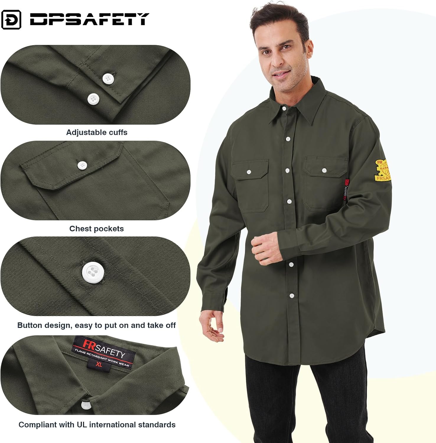 FR Shirts for Men 7oz Hi Vis Fire Resistant Shirts CAT2 Welding Shirt 100% Cotton Flame Resistant Shirt Dark Green(Small) - Image 5