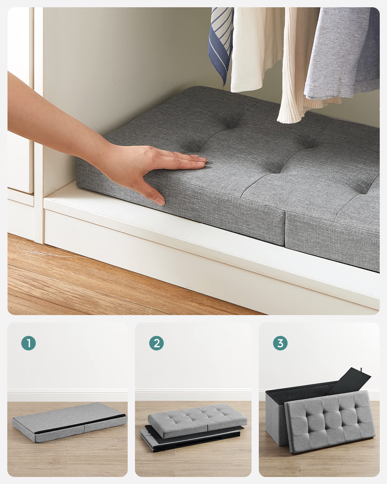 SONGMICS Puff Almancenaje, Banco Almacenaje Plegble, 38 x 76 x 38, Tapa Abatible, Taburete con Reposapiés, Carga de 300 kg, para Entrada Sala de Estar, Dormitorio, Gris Ceniza LSF41G