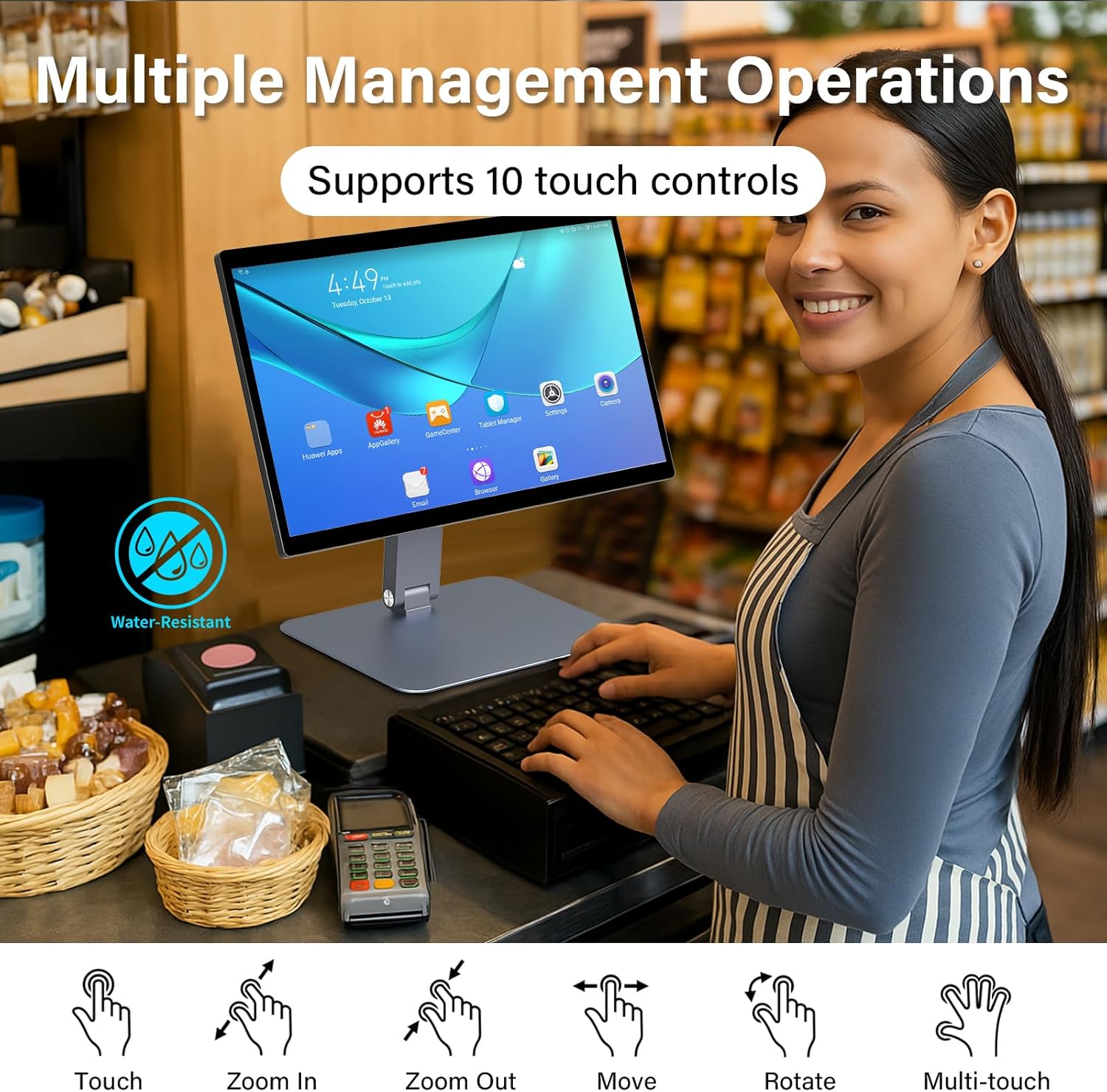 A person using the touchscreen with various gestures illustrated below, including touch, zoom in, zoom out, move, rotate, and multi-touch.