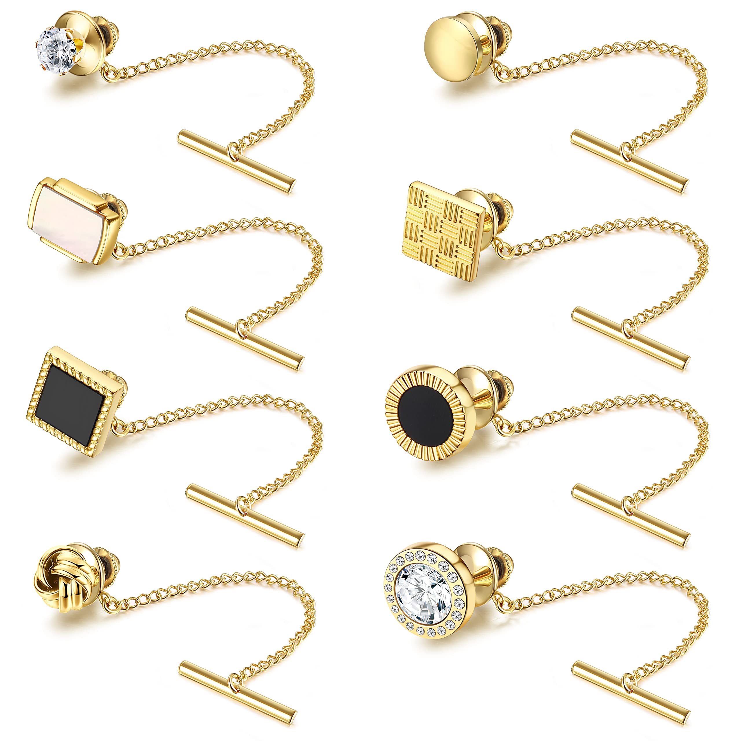 Diamday8 Pcs Tie Tacks for Men - 14K Gold Plated Tie Tacks with Chain for Regular Necktie - Wedding & Business Anniversary