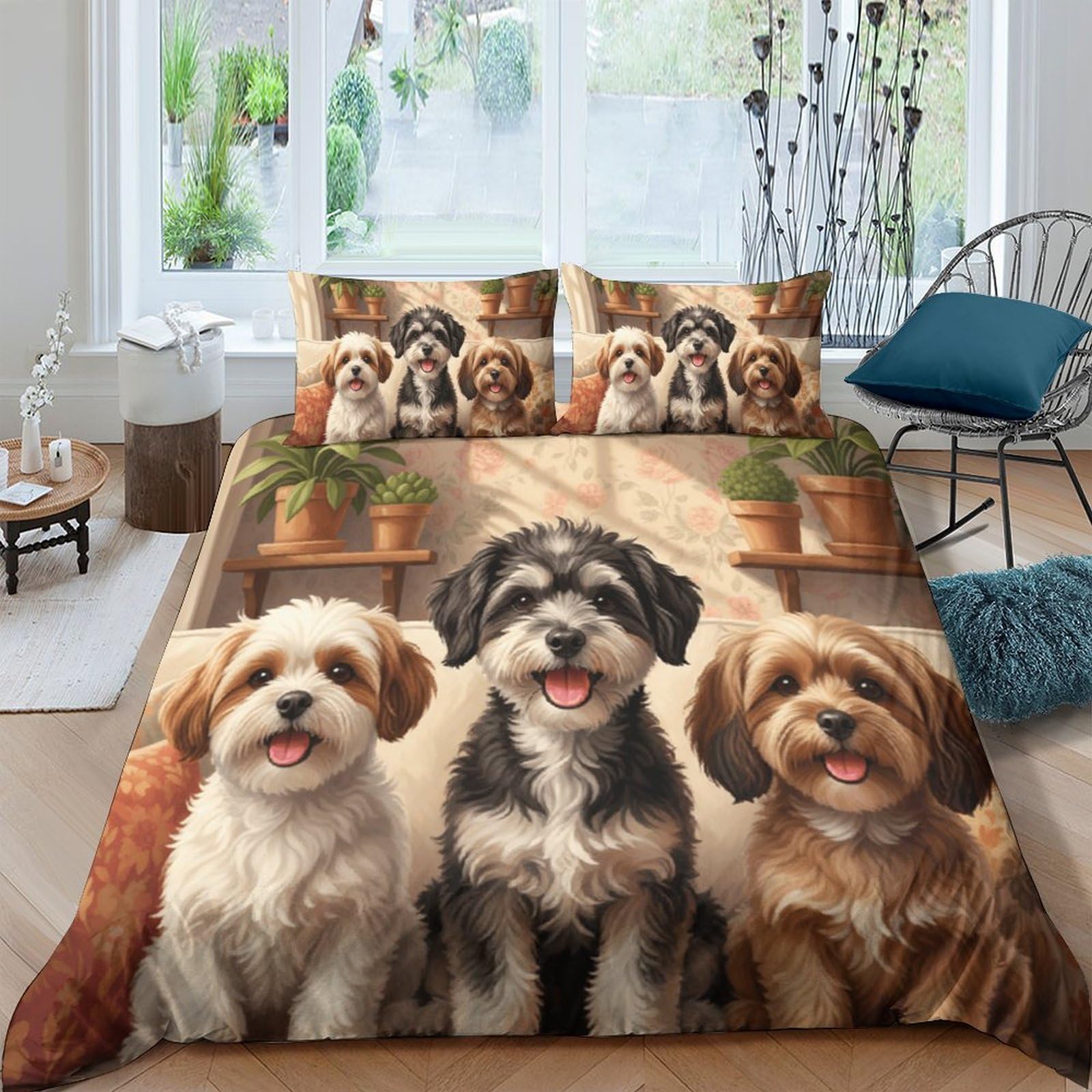 GPLZQXKJNH 3D Printed Cute Dog Duvet Cover Microfiber Soft Breathable Puppy Friends Bedding Set with 2 Pillowcases for Bedroom Decor Single（135x200cm）