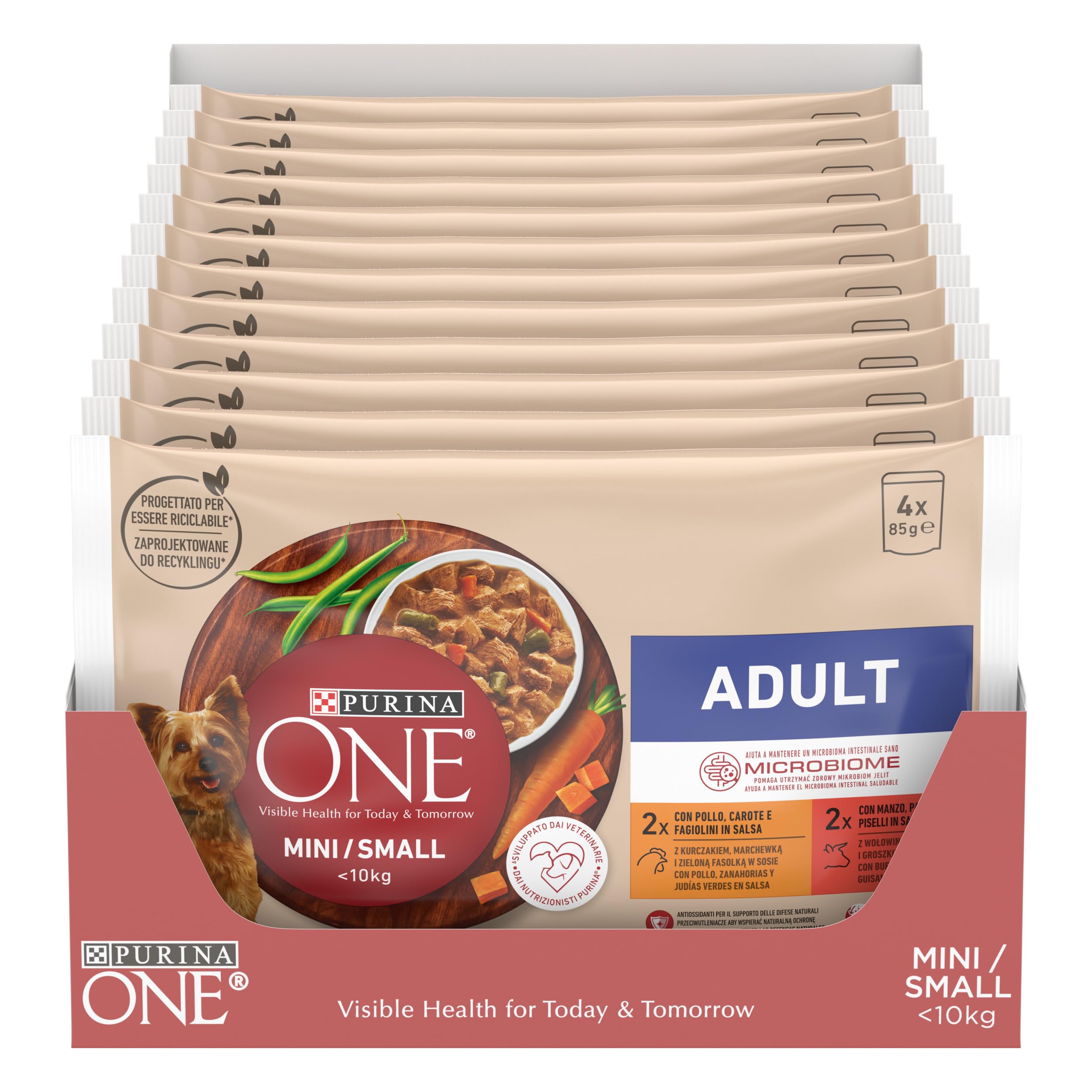 Purina ONE Mini <10kg Comida húmeda para Perro pequeño Adulto con Pollo y Buey, 12 packs de 4 sobres de 85g - 48 sobres