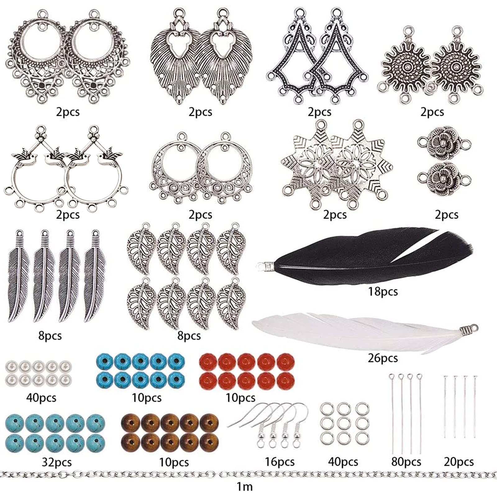 SUNNYCLUE 1 Box DIY 8 Pairs Bohemia Black White Long Feathers Dangle Hook Earring Making Kit with Instruction Jewelry Findings Making Crafts for Women, Antique Silver