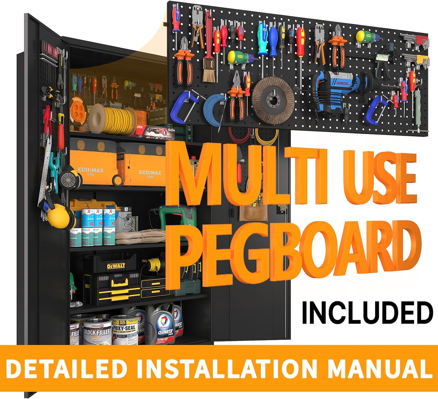 Upgraded Tall & Wide Metal Storage Cabinet with Doors & 4 Adjustable Shelves | Heavy-Duty Black Lockable Garage Cabinet with Wheels & Pegboard for Office, Gym, Basement, Warehouse (Black)