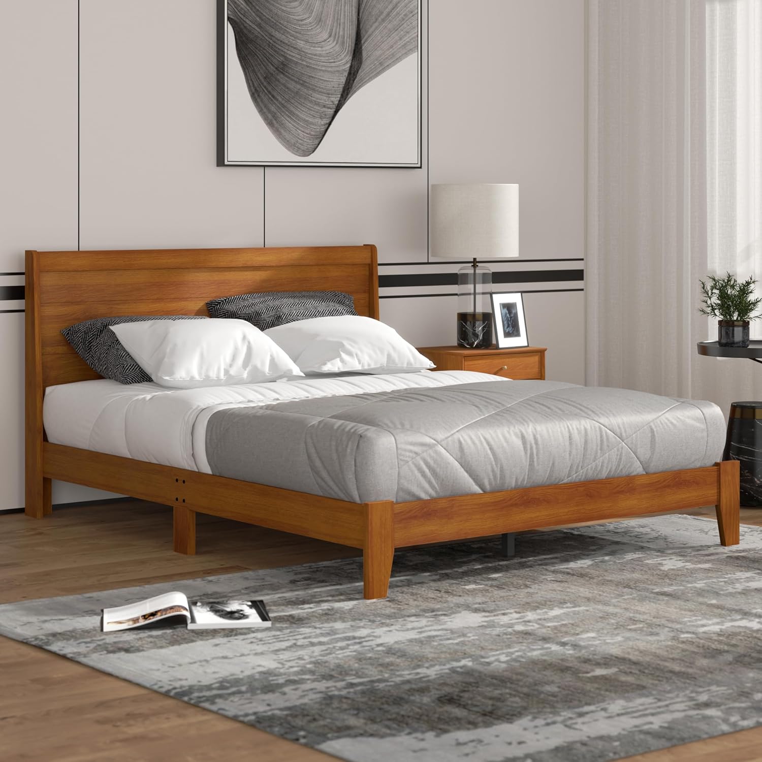 Galano Abby Retro Wood Platform Queen Bed Frame with