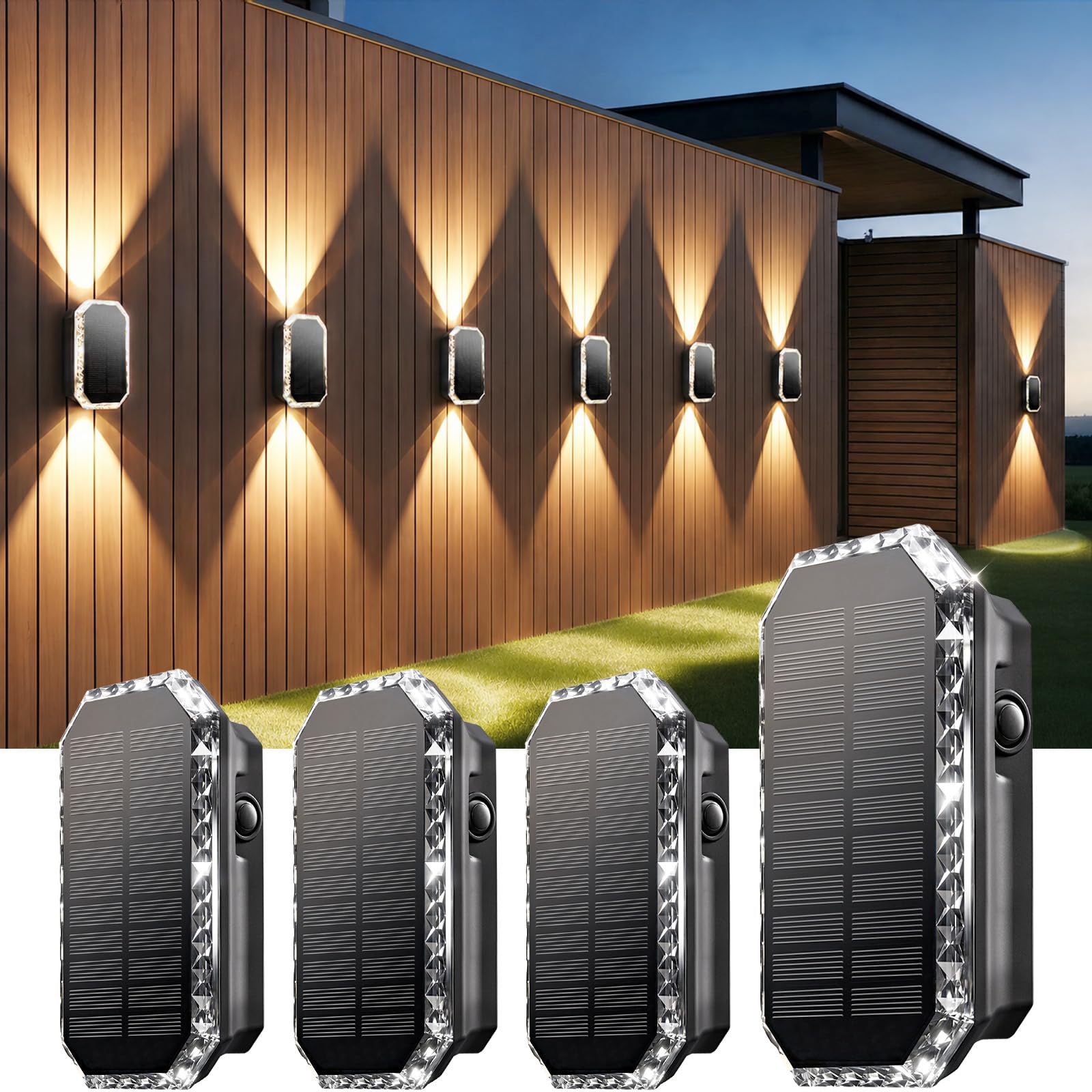 Aplique Solar Exterior Pared, 4 Piezas Luces Solares Exterior Arriba y Abajo, Lamparas Solares 3 Colores Luz Calida Blanca, IP65 Impermeable Luz Solar Pared Patio Jardin Muro, 3000K/4000K/6500K