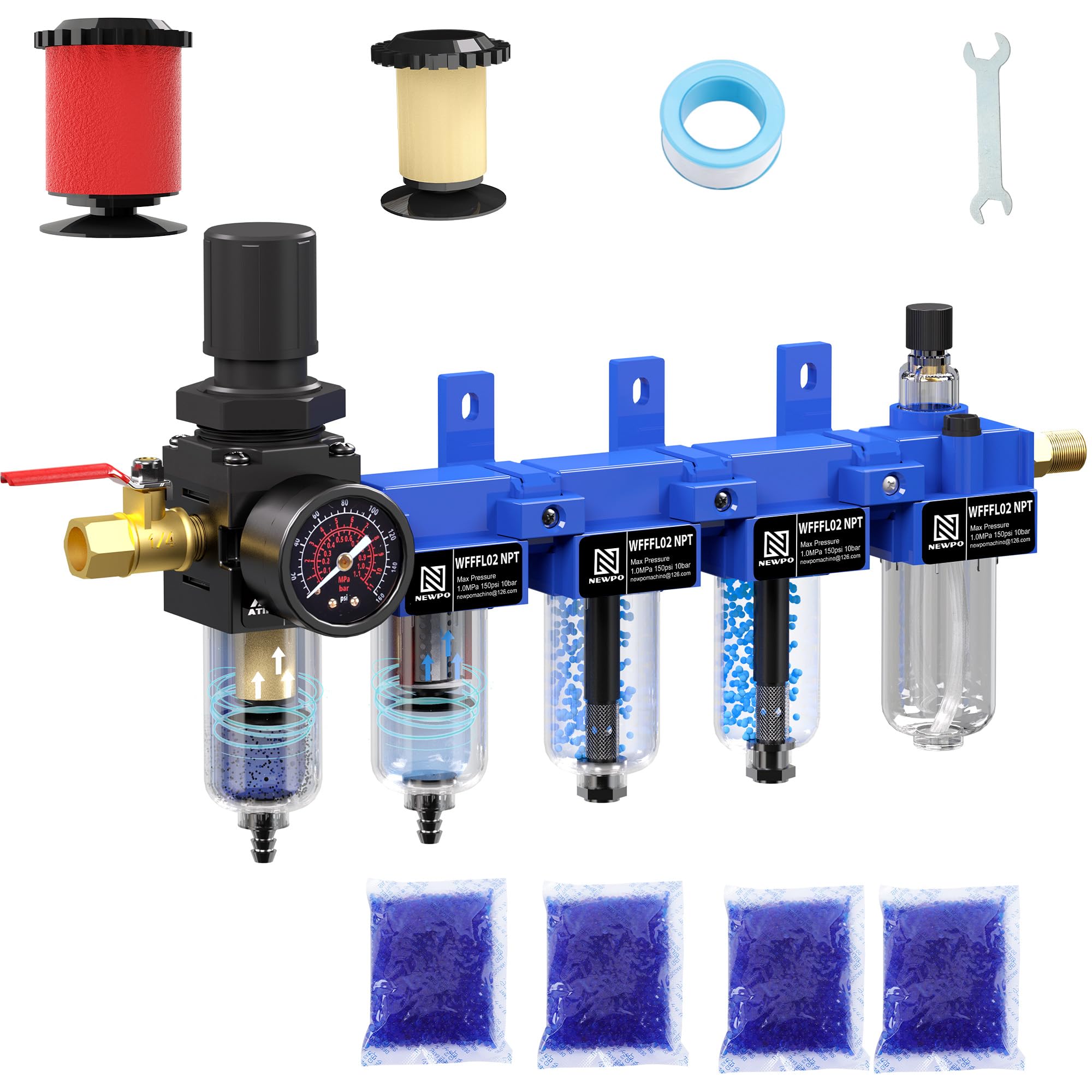 NEWPO Combo de lubricador regulador de filtro de aire NPT de 1/4 pulgadas, sistema de aire comprimido de 5 etapas con filtración, secadores desecantes, separador de trampa de agua/aceite, drenaje