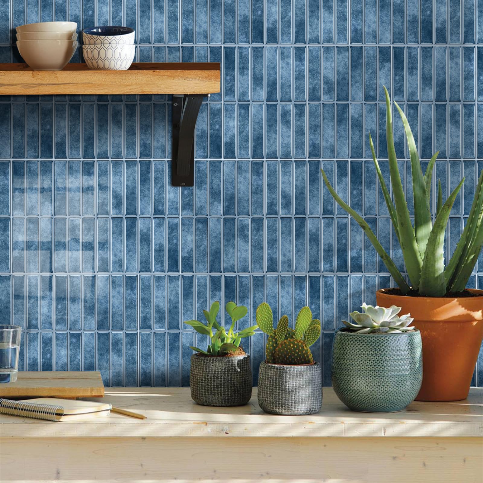 Stick on Kitchen Tiles 17x23 cm Retro Blue Brick Peel and Wall Waterproof PVC for Fireplace Surround Furniture Decoration Tile Stickers Backsplash 10 Pcs