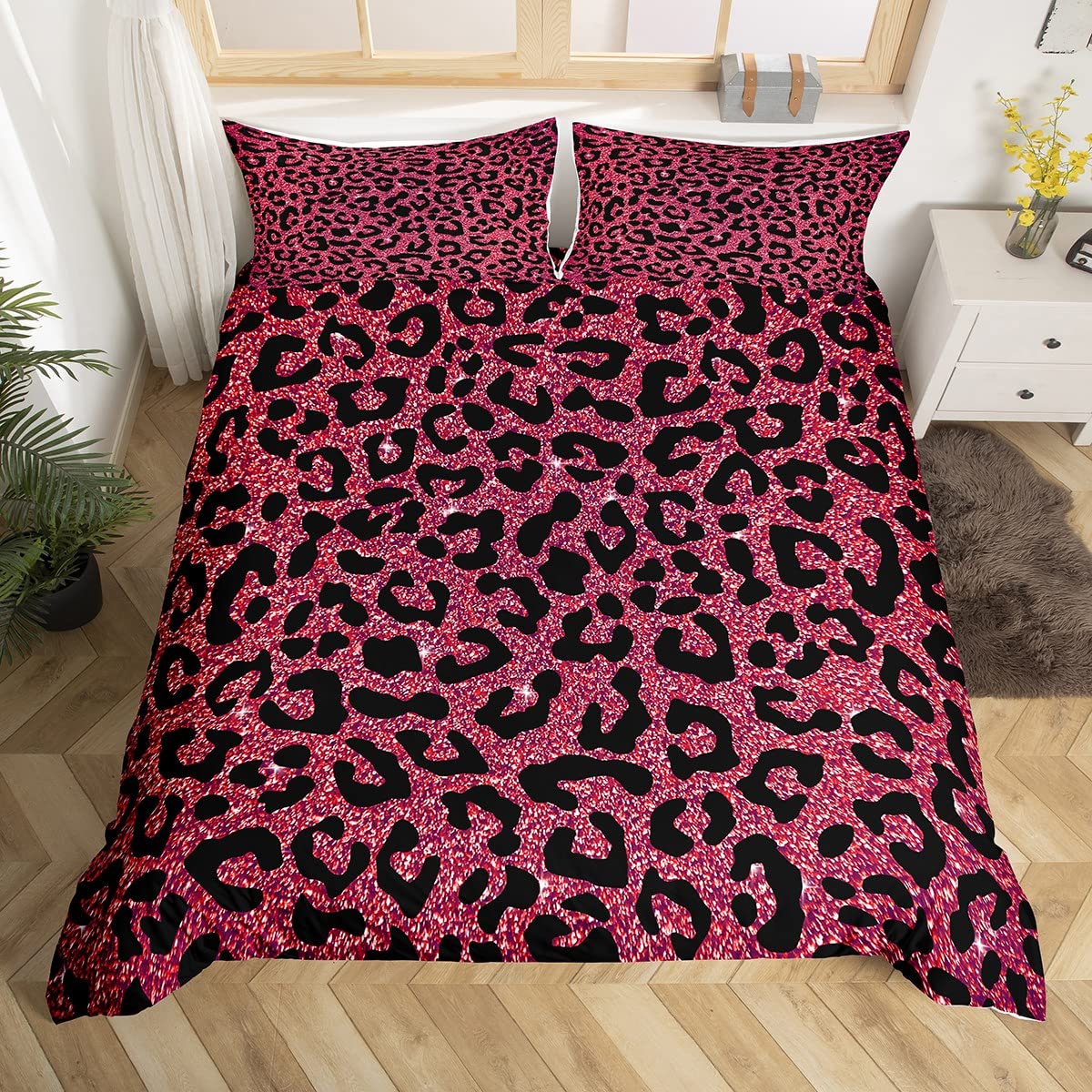 Homemissing Boys Multicolored 13213 Leopard Print Duvet Cover Set Pink Glitter Cheetah Print Bedding Set For Kids Girls Wild Animal Comforter Cover Set Microfiber Geometric Bedspread Cover Bedclothes Super King