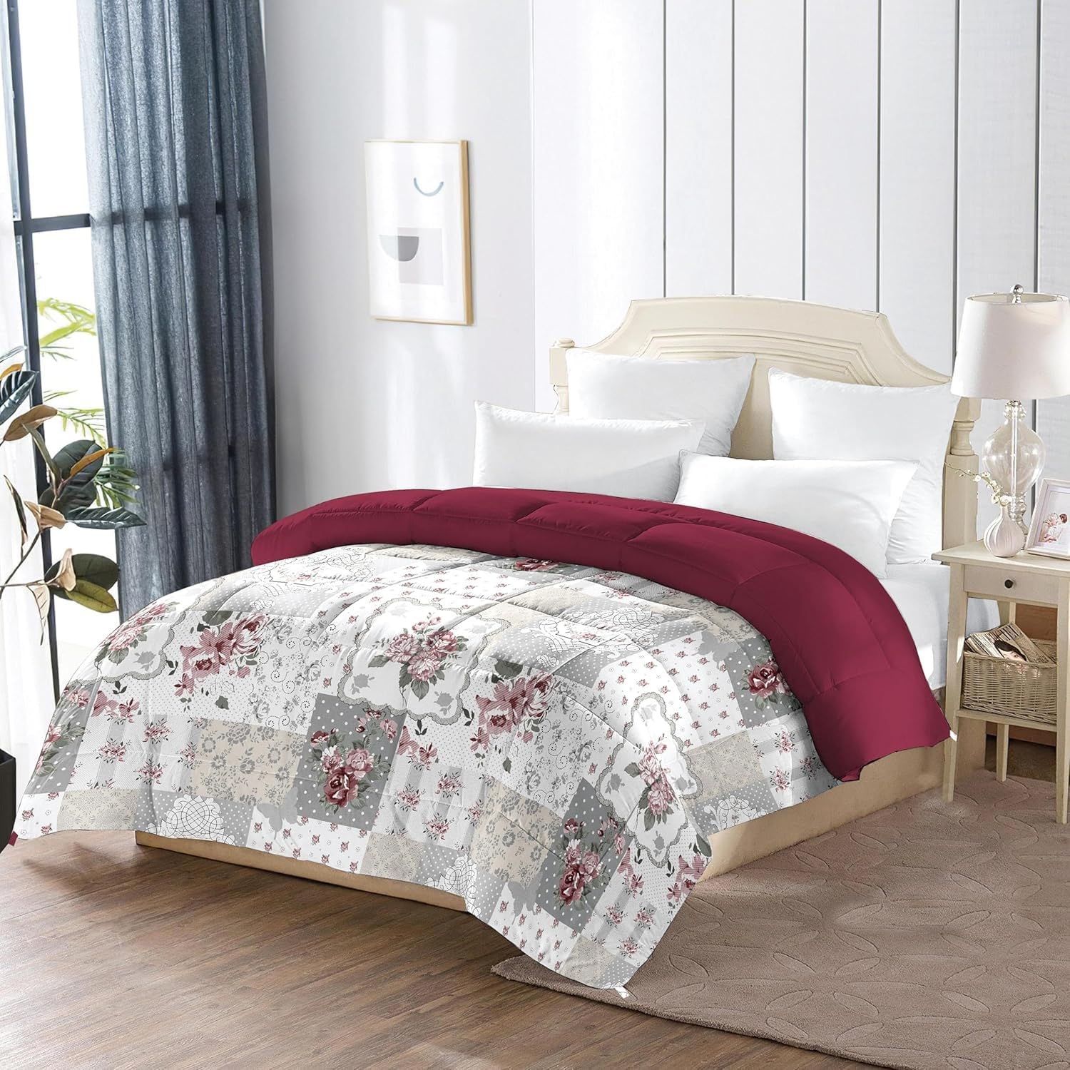 Edredon Cama 150 Invierno Estampado A Cuadros Flores, Edredón Nódico Invierno Boho Cálido y Suave con Relleno de Micro Fibra Poliéster, Edredon Acolchado 220x240 cm con 2 Fundas de Almohada 50x75 cm