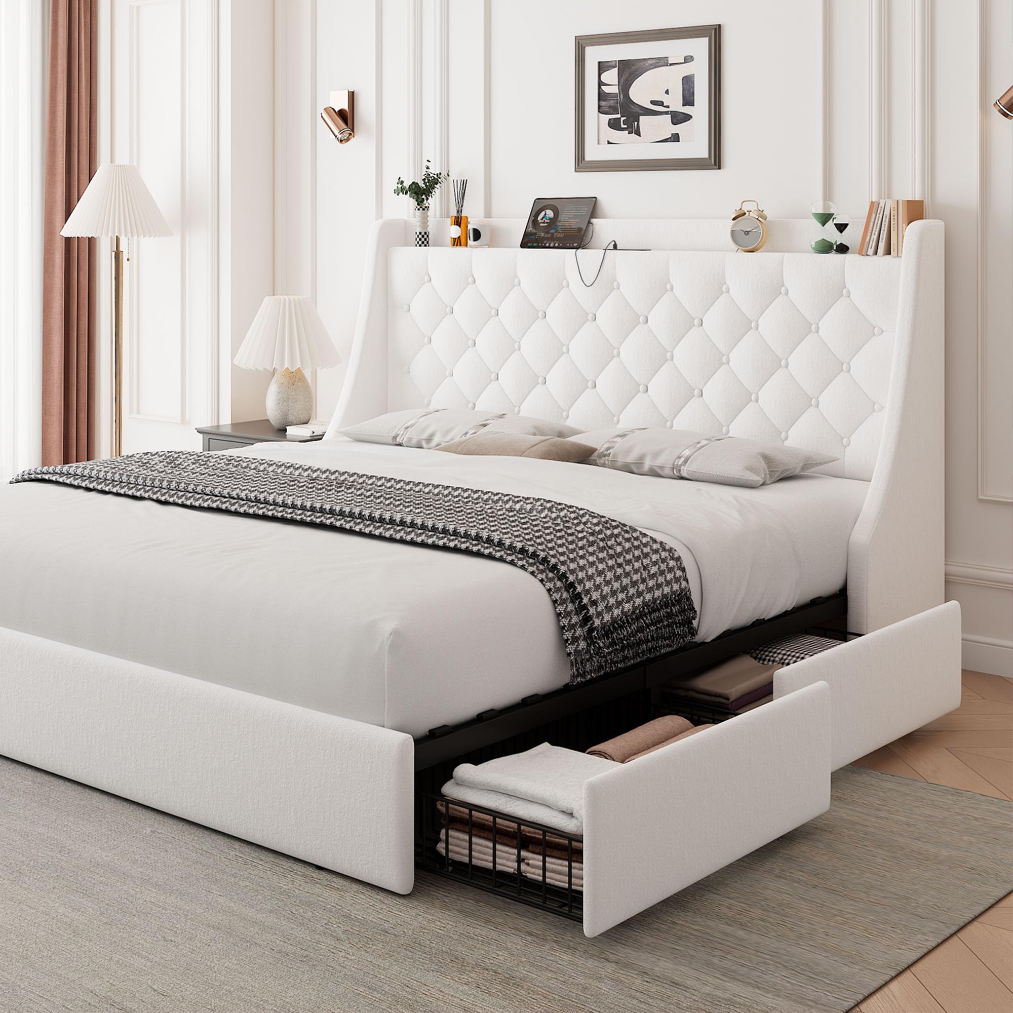 Feonase Upholstered Queen Size Bed Frame with 4 Storage Drawers, Charging Station, Tufted Wingback Storage Headboard, No Box Spring Needed, Easy
