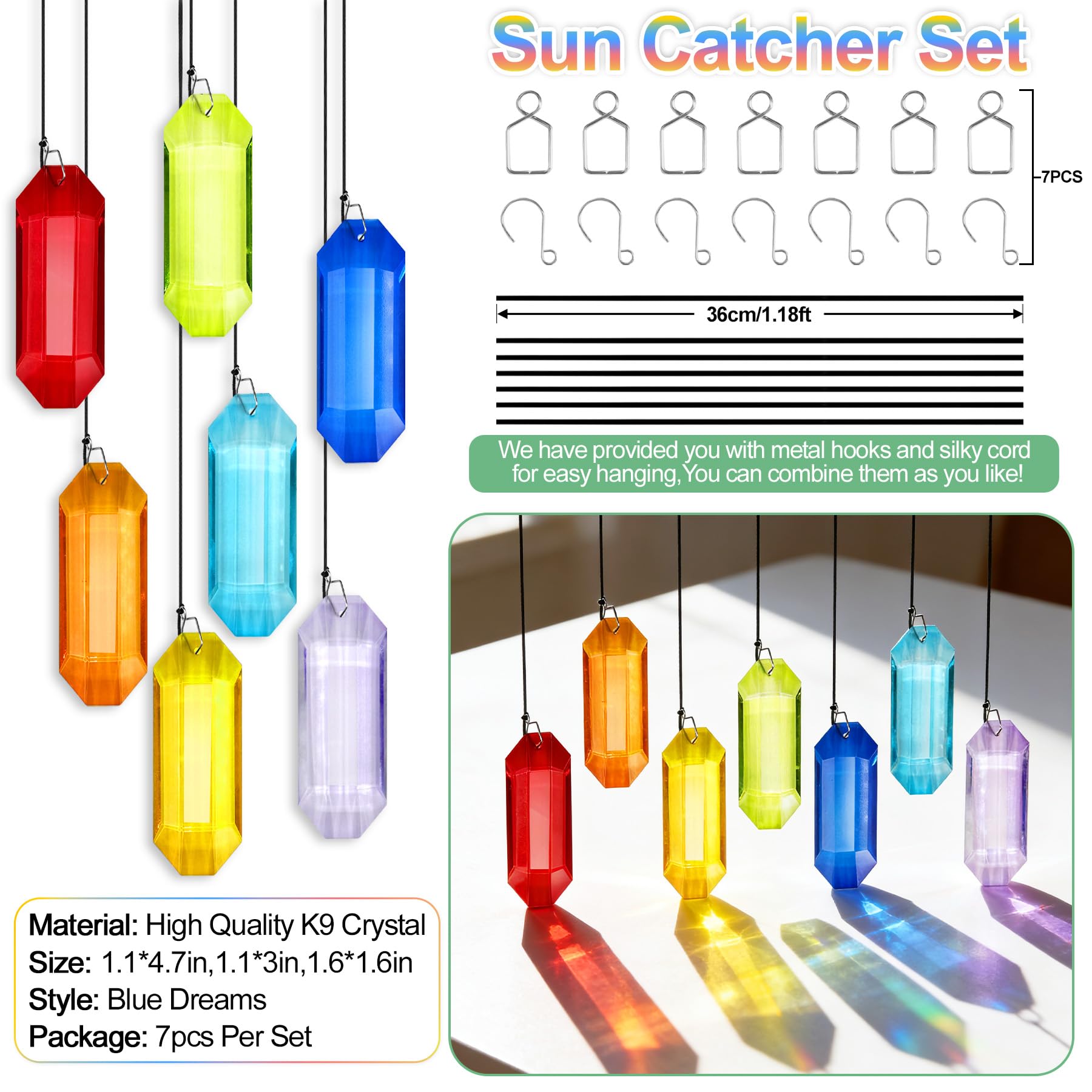 VEEKAY Acchiappasole Cristallo,7 Pezzi di Cristallo a Prisma,Pendenti Prismi Cristallo,Pendenti Suncatcher Decorazione,per Decorazioni Casa Giardino Finestra Outdoor