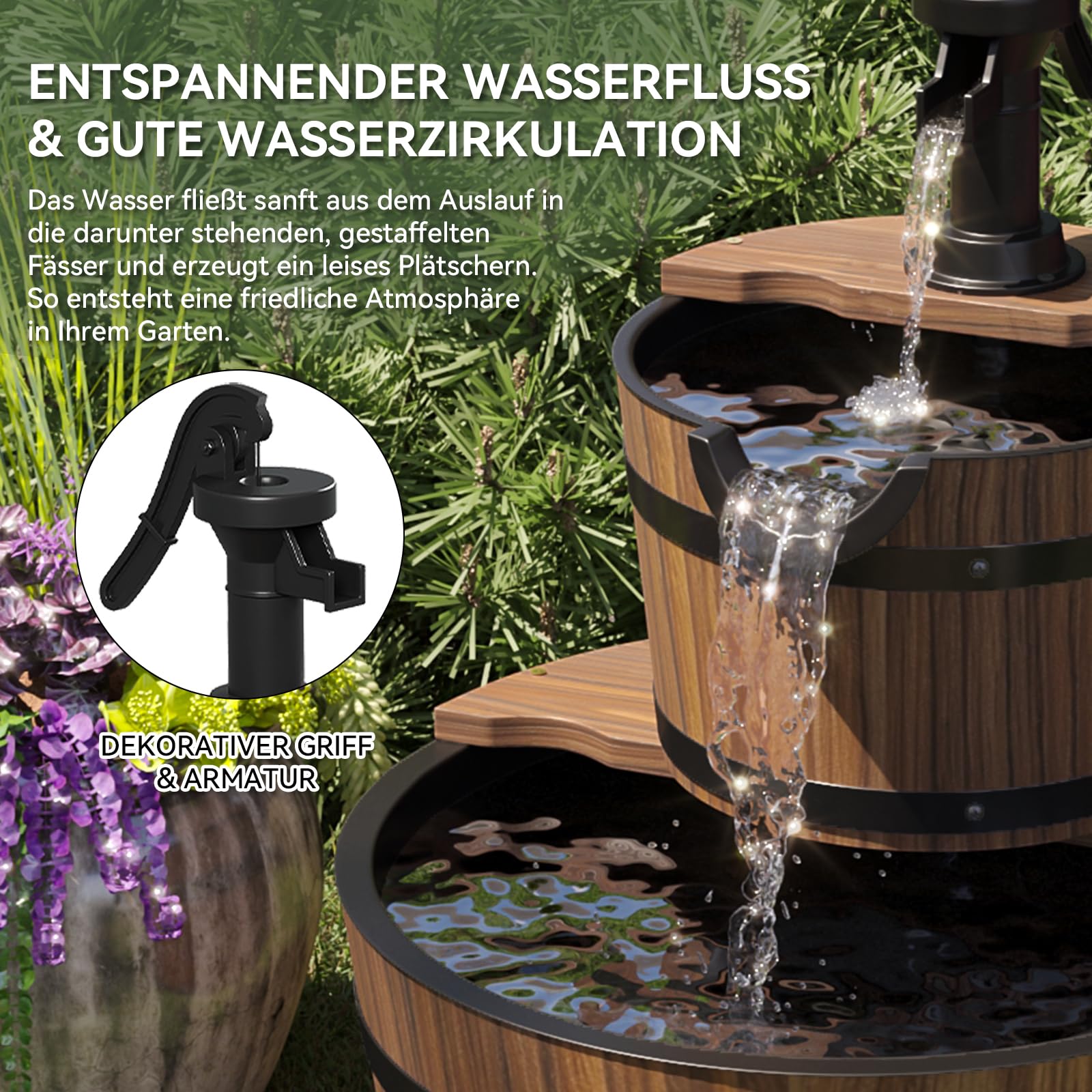 Aoxun Brunnen Holz, Gartenbrunnen mit Pumpe, Holzbrunnen Holzfass Zierbrunnen, für Springbrunnen Gartendeko, Garten Rasen Terrasse Hinterhof, 44,5 x 61 cm, Braun