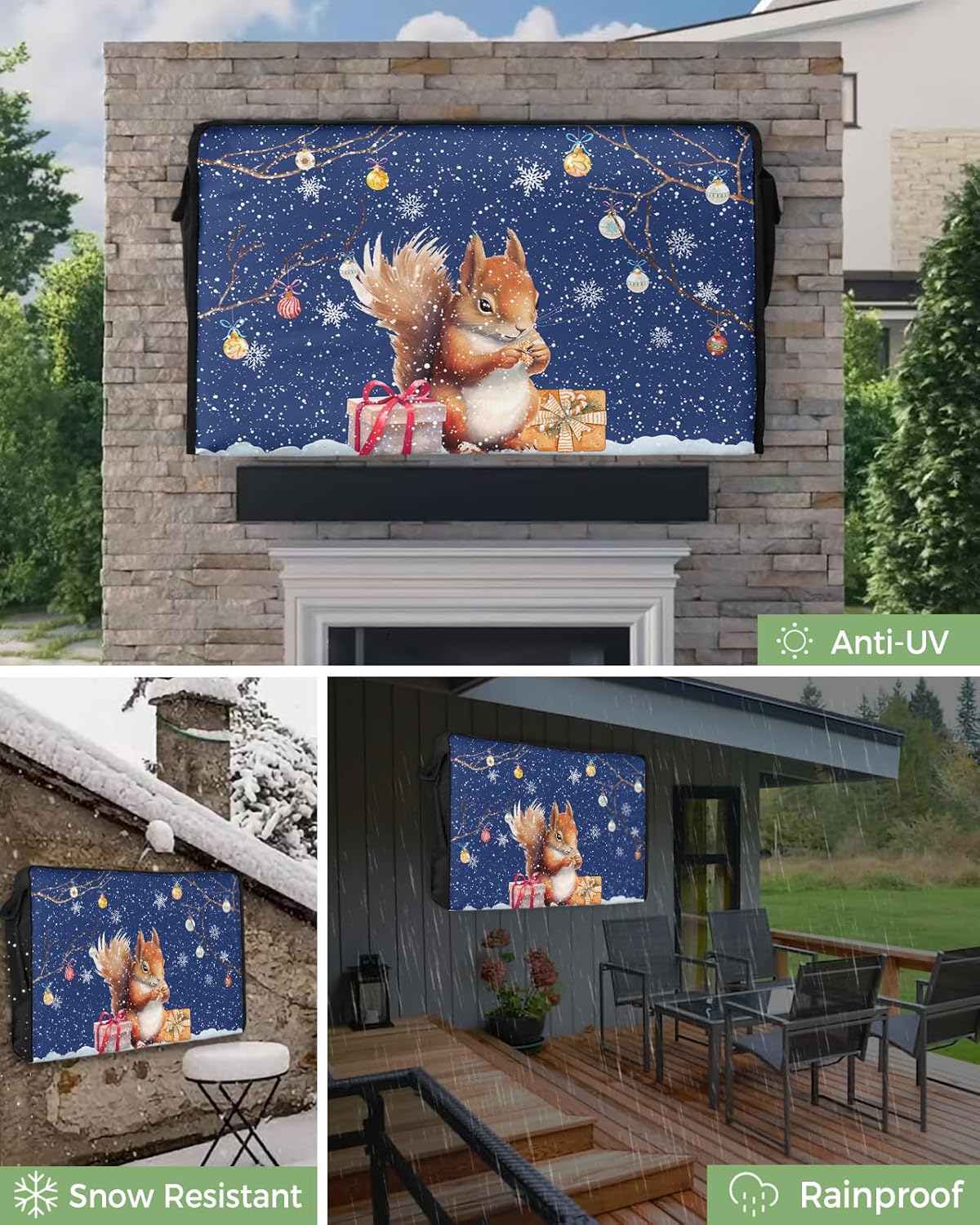 Outdoor TV Cover - Christmas Watercolor Squirrel with Xmas Gifts Blue Waterproof and Weatherproof 36"-39" LCD Movable Shield TV Display Screen Protector Outside Television Covers
