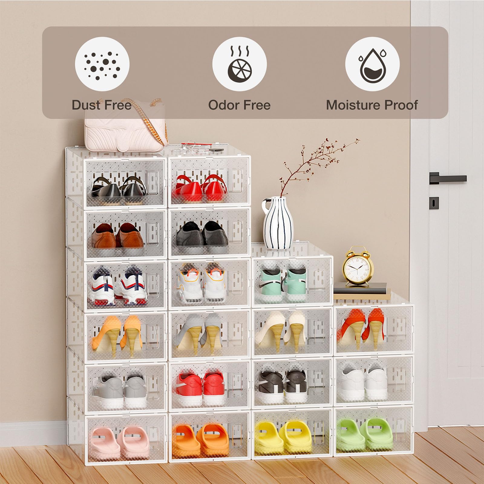 Paquete de 12 cajas de almacenamiento apilables de plástico transparente para zapatos, ahorro de espacio y plegables con puerta transparente para ventilación y almacenamiento a prueba de polvo, color