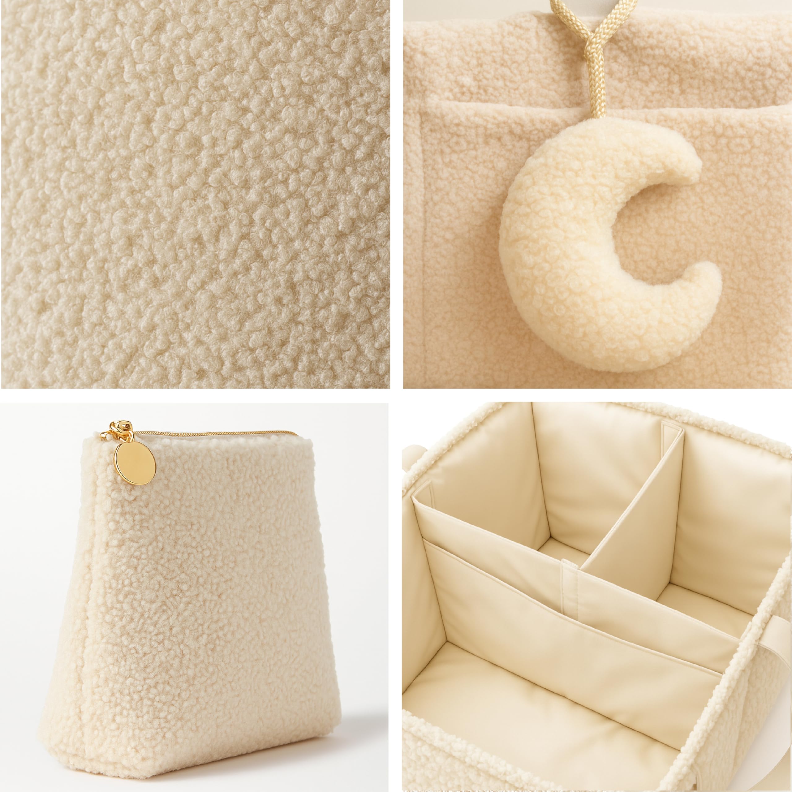 Orelle Bouclé Wickeltisch-Organizer mit passender Tasche und Mondanhänger, tragbarer Wickeltisch-Organizer, Must-Have für Babypartys, cremefarben