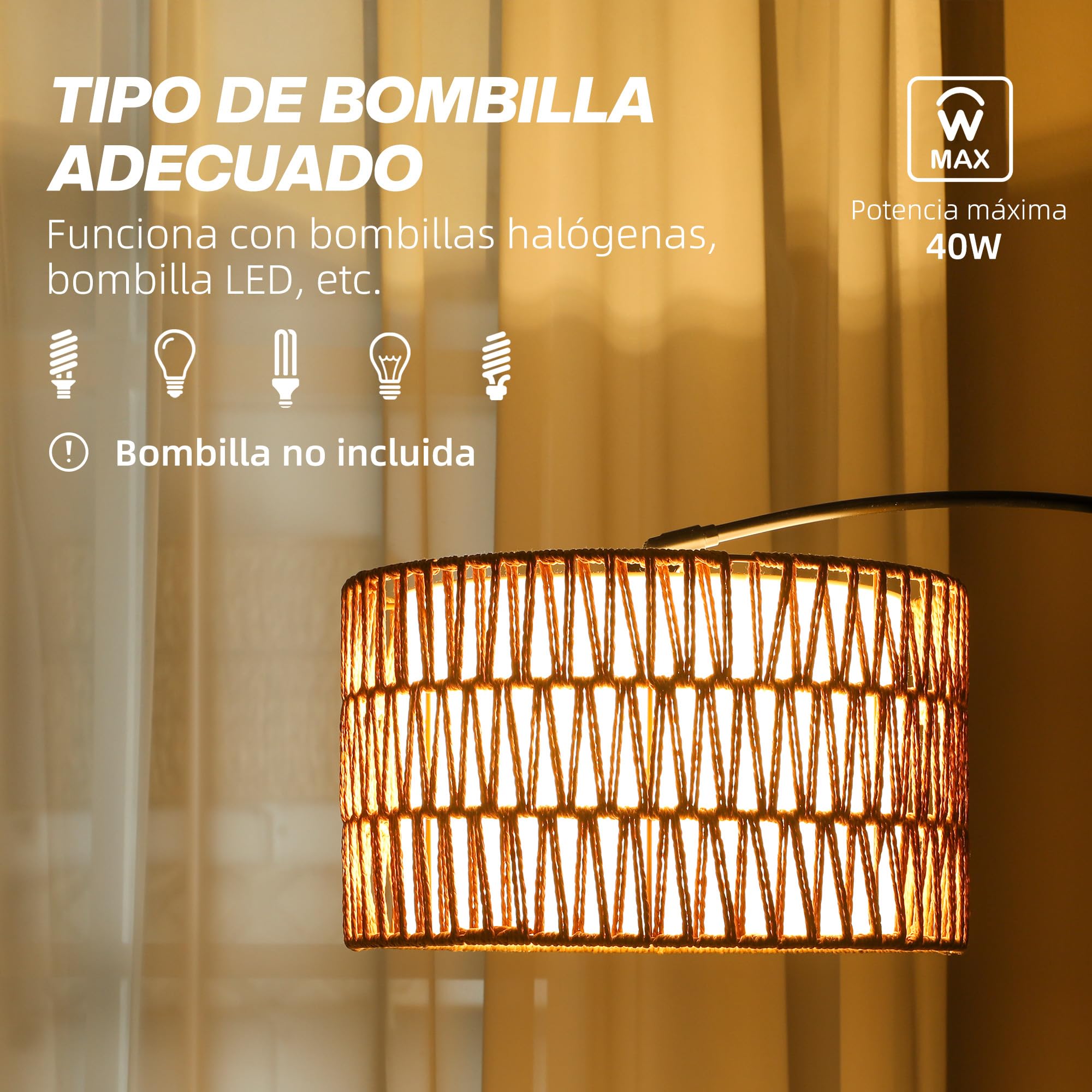 HOMCOM Lámpara de Pie de Arco Salón Altura Ajustable Negro y Marrón | Lámpara de Pie Salón, Pantalla de Yute, Interruptor de Pie, Base de Mármol, para Sala de Estar Oficina Dormitorio