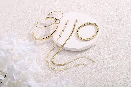 Miniatura 3 de PiercingJ Juego de pulseras apilables para mujer, delicadas pulseras de eslabones cubanos con cadena de cuentas doradas, clip de papel en capas,