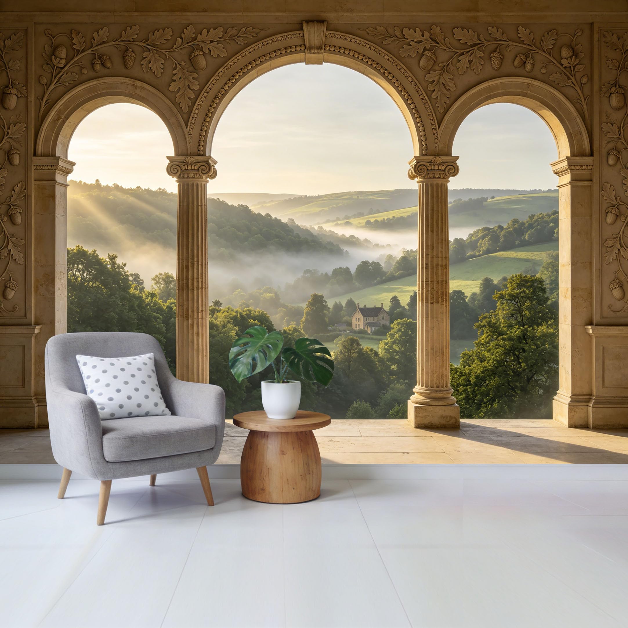 Removable Self Adhesive Fabric Mural， Neoclassical Architectural Arch Landscape Custom Size Wall Covering， UV Protected Waterproof Washable Wall Decor for Living Room Bedroom Bathroom
