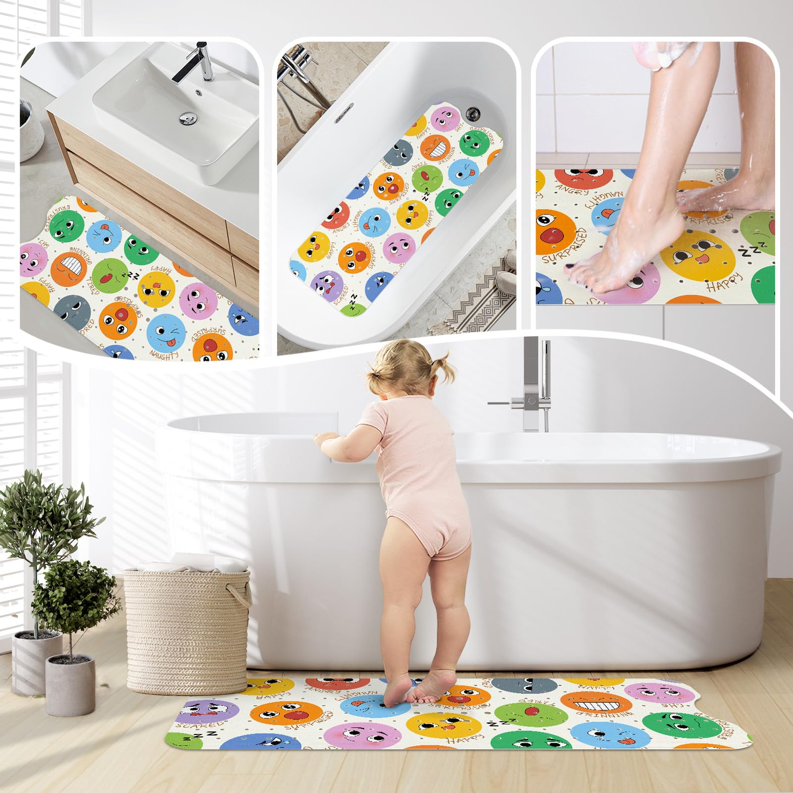 SHUCHING Tapis de Bain Antiderapant Enfant, Tapis Baignoire Bebe Antidérapant 100 X 40 cm, sans BPA Lavable en Machine et Résistant à la Moisissure, Expression Faciale