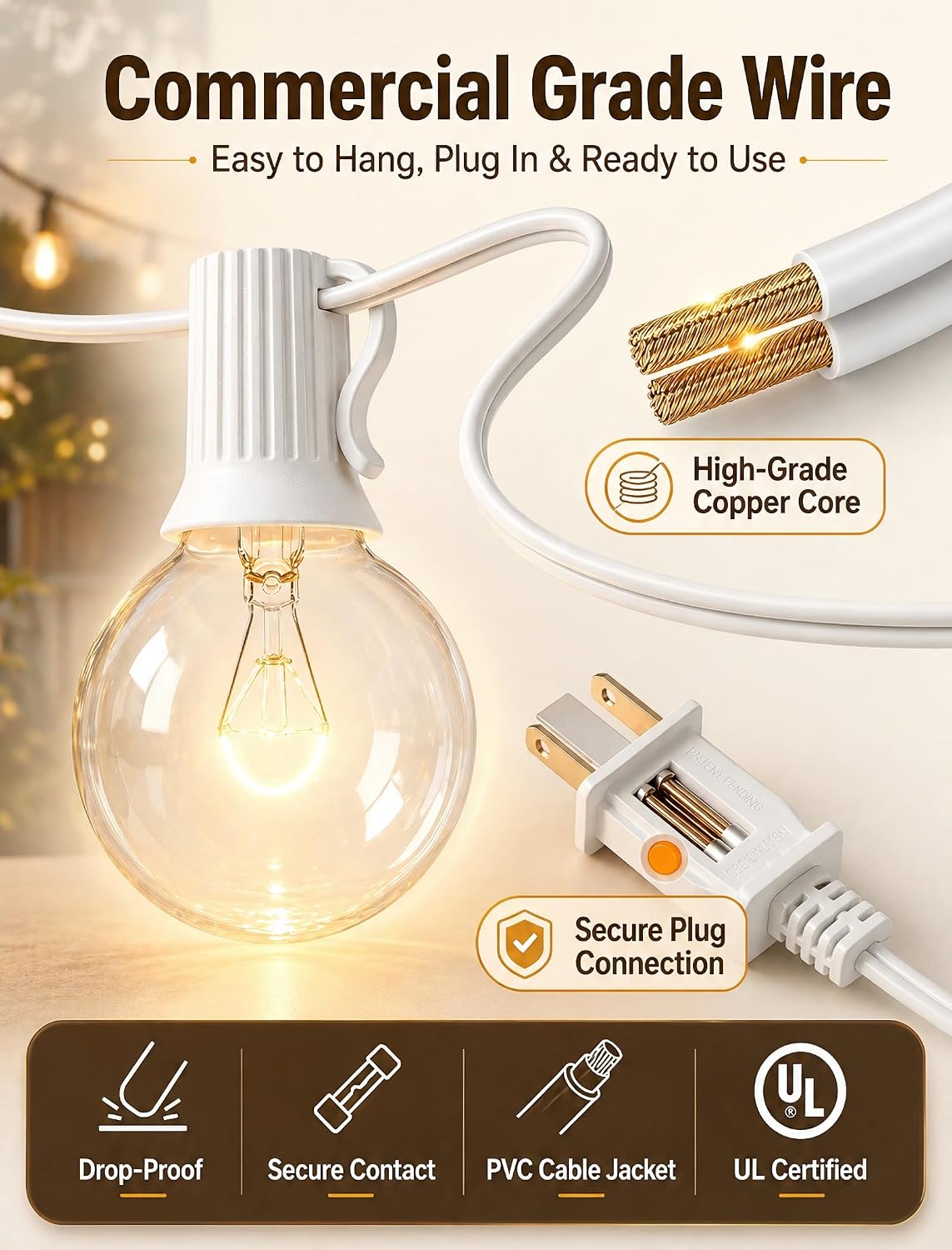 25Ft Outdoor String Lights, G40 Globe String Lights with 27 Clear Glass Bulbs, Waterproof Incandescent White String Lights for Patio, Balcony & Bedroom, Warm White Bistro Lights