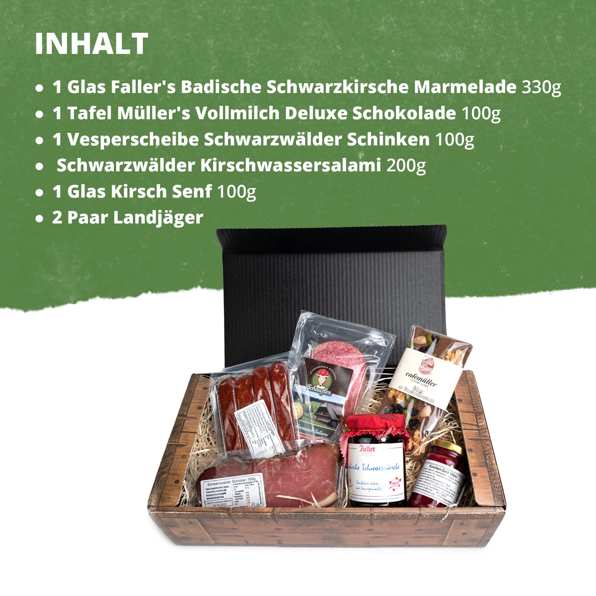 Kirschkiste 6-teilig Schlemmergeschenk mit Kirschmarmelade, Kirschsenf, Kirschwassersalami, Landjäger, Schokolade und Schinken aus dem Schwarzwald