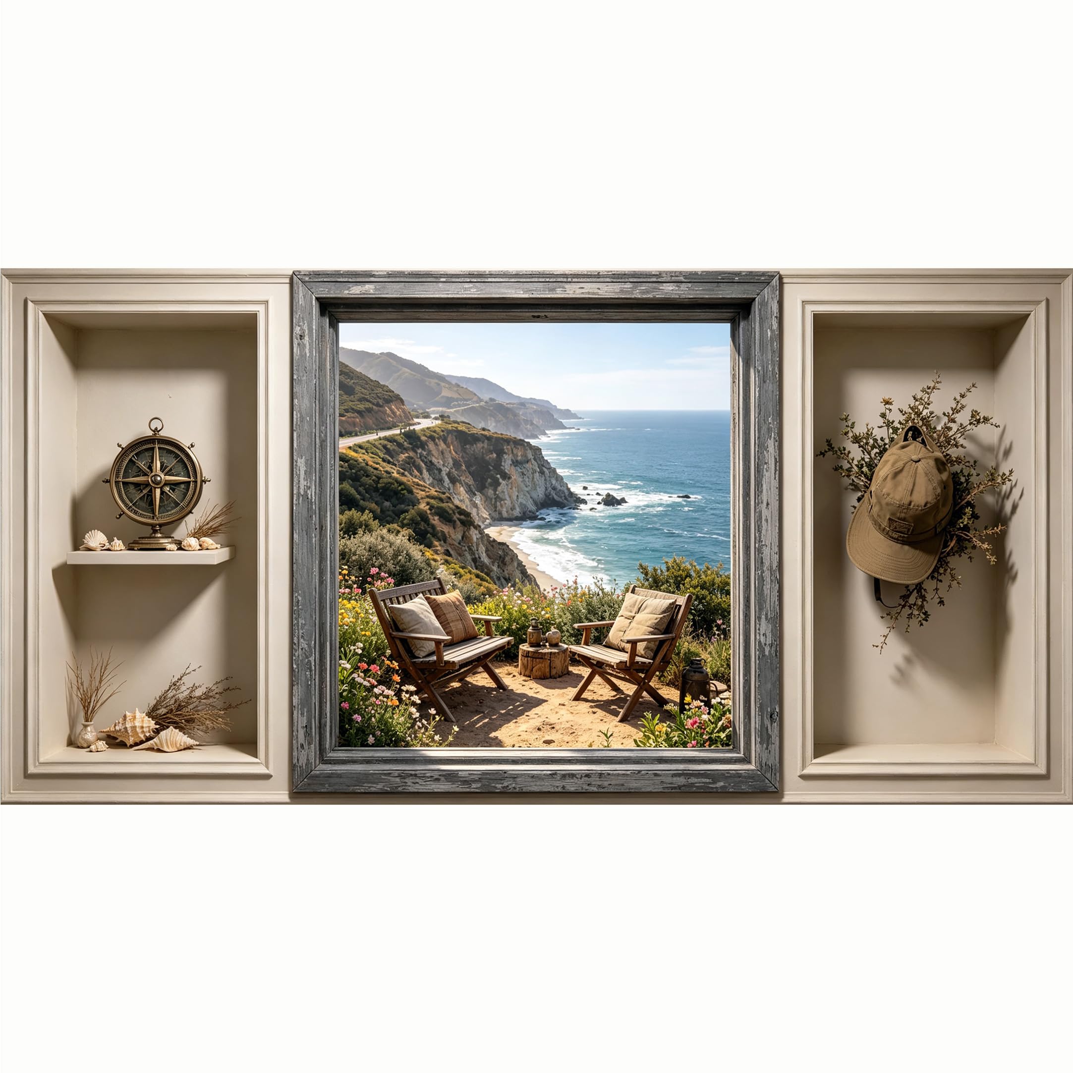QZLITHOTIC 50x100cm 3D Framed Wall Art， Coastal Ocean Landscape Scenic Cliff Seaview SelfAdhesive Mural， WaterActivated Peel & Stick Fabric Decor Wall Decal for Bedroom Living Room