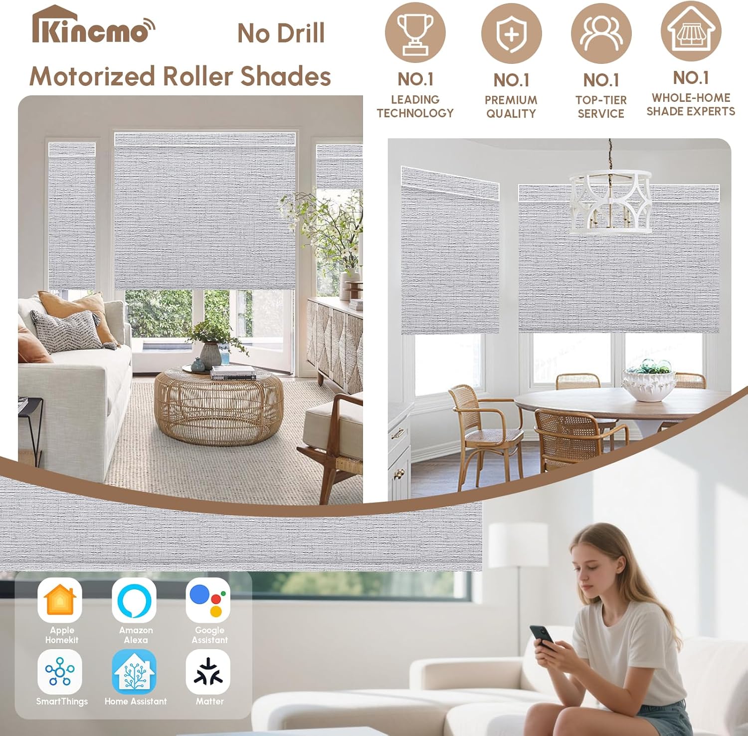 Kincmo No Drill Motorized Blinds with Remote, 100% Blackout Roller Shades for Windows, Custom Electric Blinds Compatible with Alexa, Apple Homekit, Google Home (100% Blackout Classic Smoke)