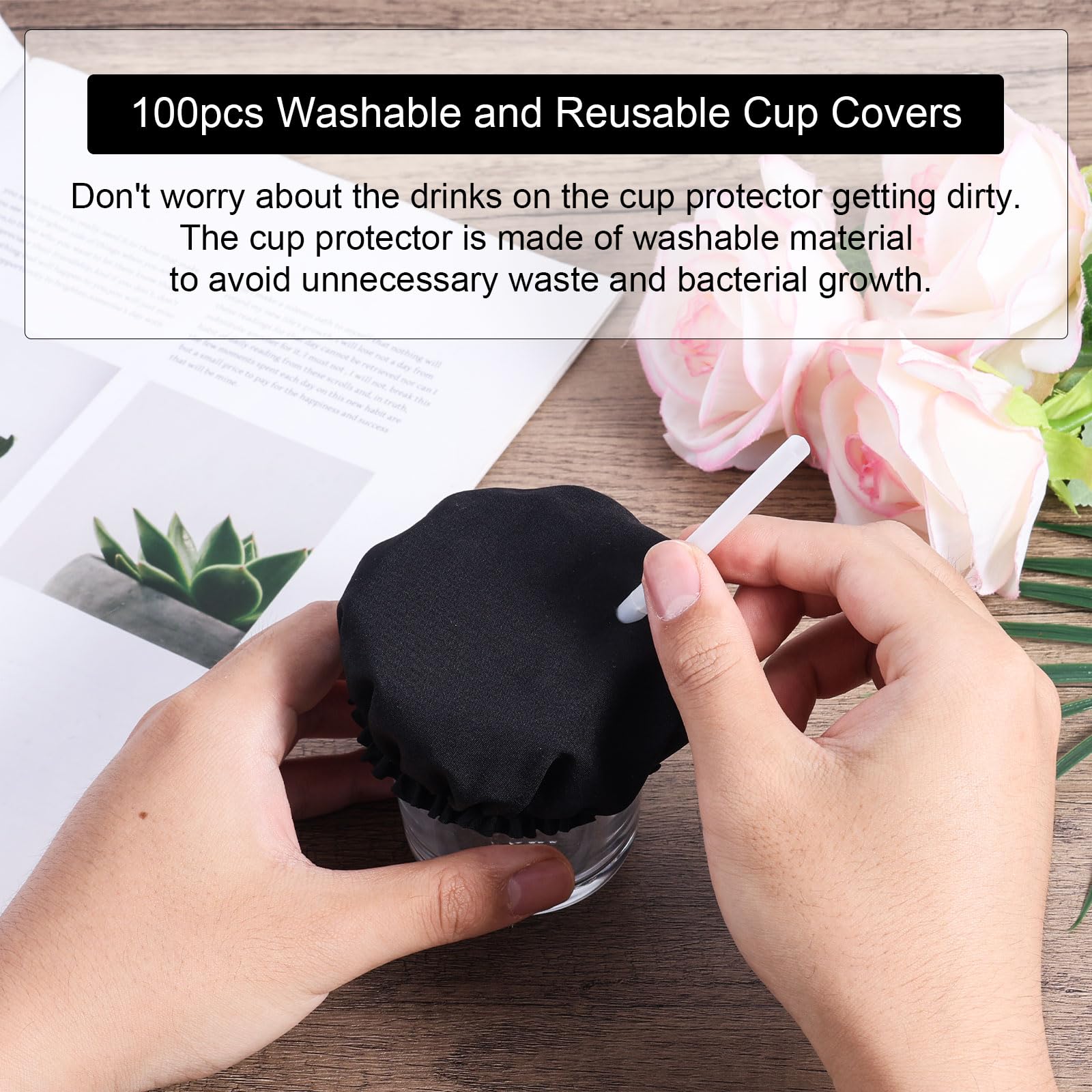 Tinoaly 100 Couvre Bouteilles, Lavables en Polyester avec Trou pour Paille Protections Noires Bouchons de Bouteille Compatibles avec la Plupart des Gobelets pour Femmes et Filles
