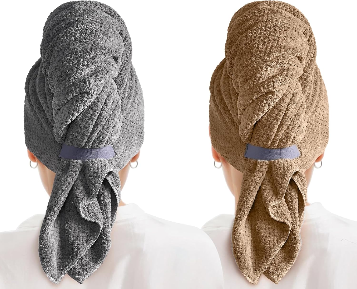 2 Pack Microfiber Hair Towel Wrap for Women, Quick Dry Hair Turban Towel with Elastic Band, Microfiber Plopping Towel for Curly Hair, Stocking Stuffers for Women (Gray, Camel)