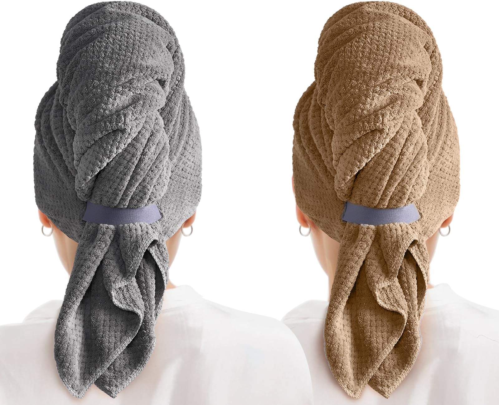 2 Pack Microfiber Hair Towel Wrap for Women, Quick Dry Hair Turban Towel with Elastic Band, Microfiber Plopping Towel for Curly Hair, Stocking Stuffers for Women (Gray, Camel)