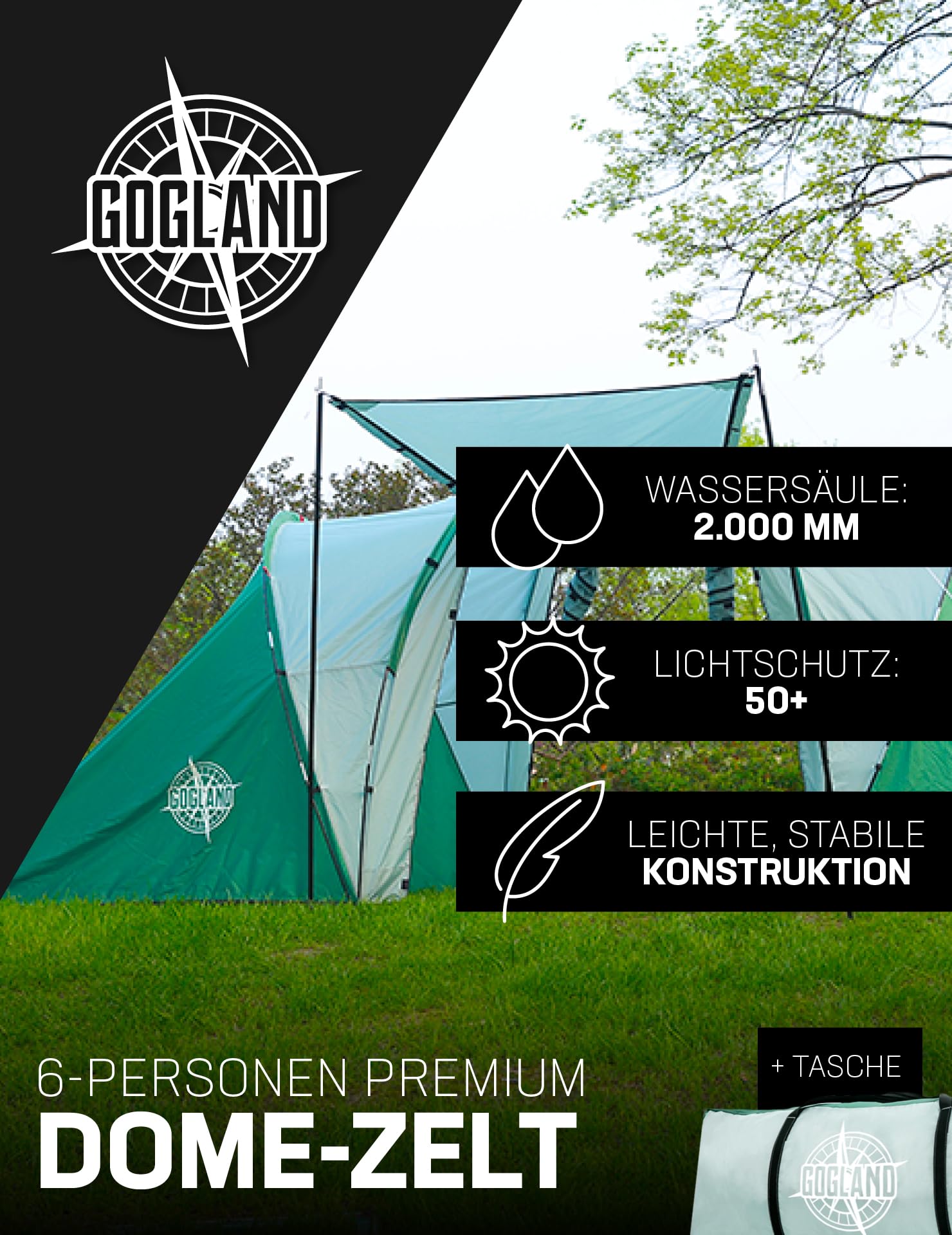 Tenda da campeggio per 2 3 e 6 persone, pop-up, impermeabile, con colonna d'acqua di 2.000 mm e fattore di protezione solare 50+