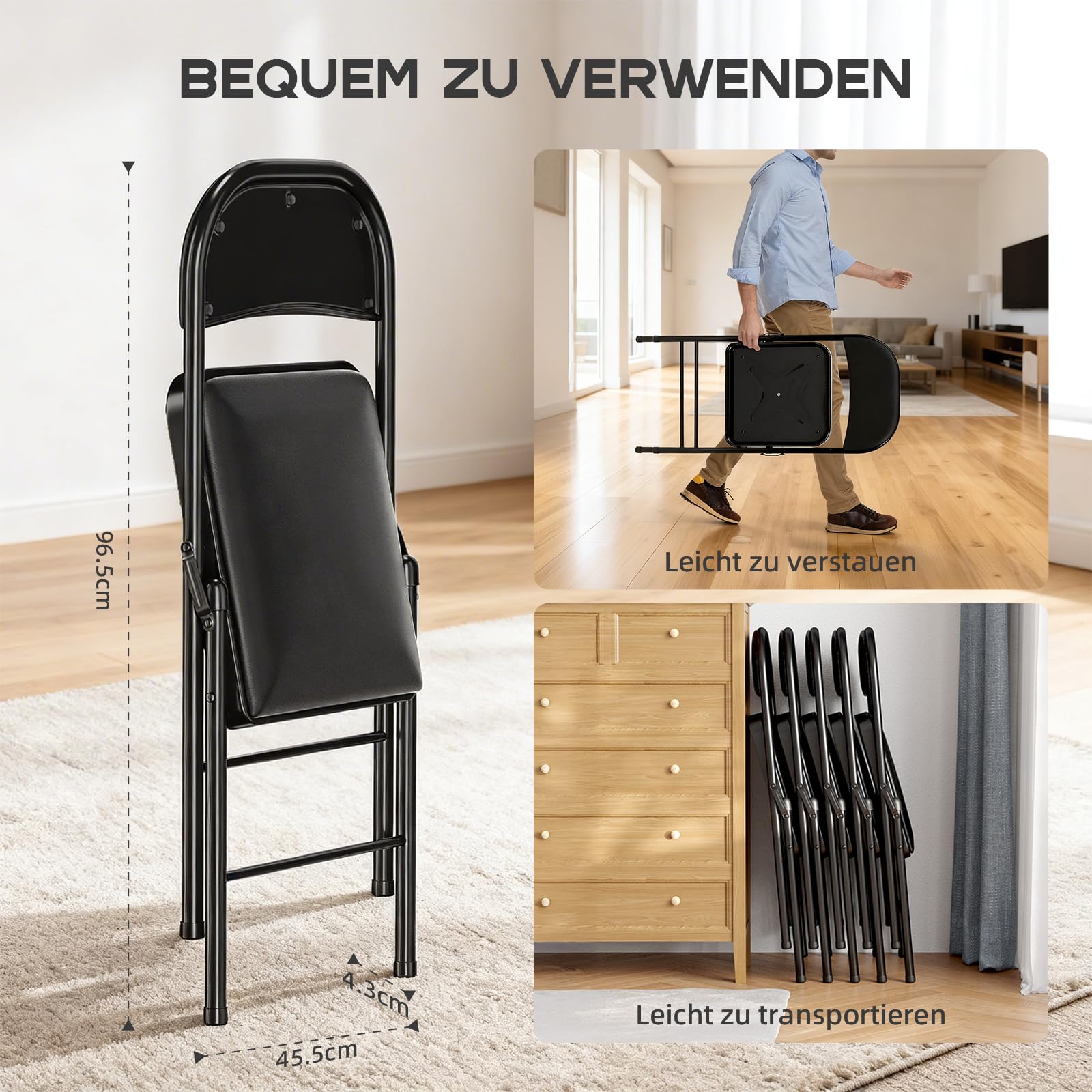 RUIE Chaises Pliantes Lot de 6 Cuir PU, Chaise Métal Rembourrée, Chaises pour Cuisine Bureau Camping Balcon Jardin Salle à Manger, Chaise Pliante Exterieur, jusqu'à 158Kg, Noir