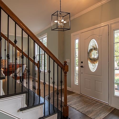 Miniatura 3 de Candelabros modernos negros y dorados, 4 luces colgantes cuadradas con diseño de explosión de estrellas para comedor, cocina, dormitorio, vestíbulo