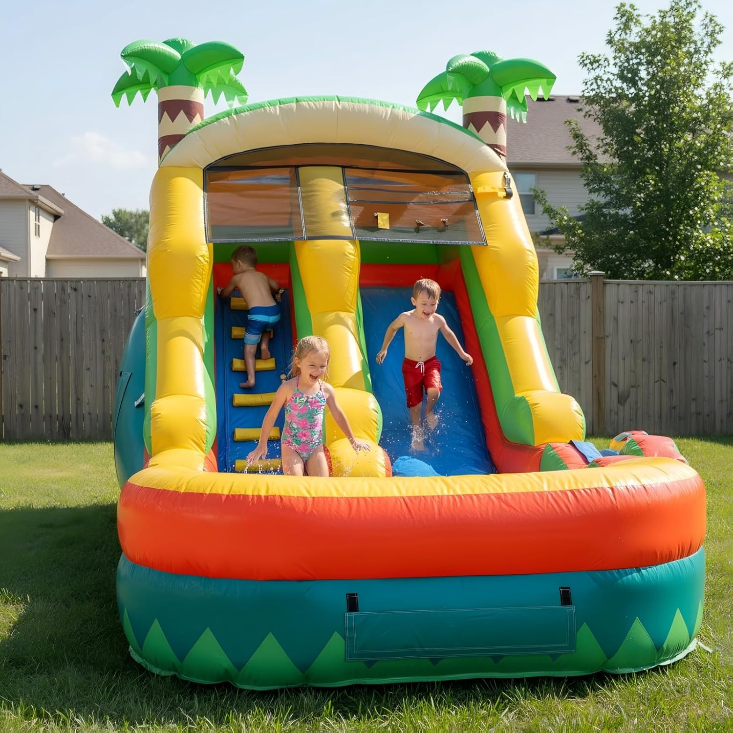 20FT x 10FT 2-in-1 Dry Wet Tropical Palm Island Inflatable Water Slide with Blower for Backyard Family Fun