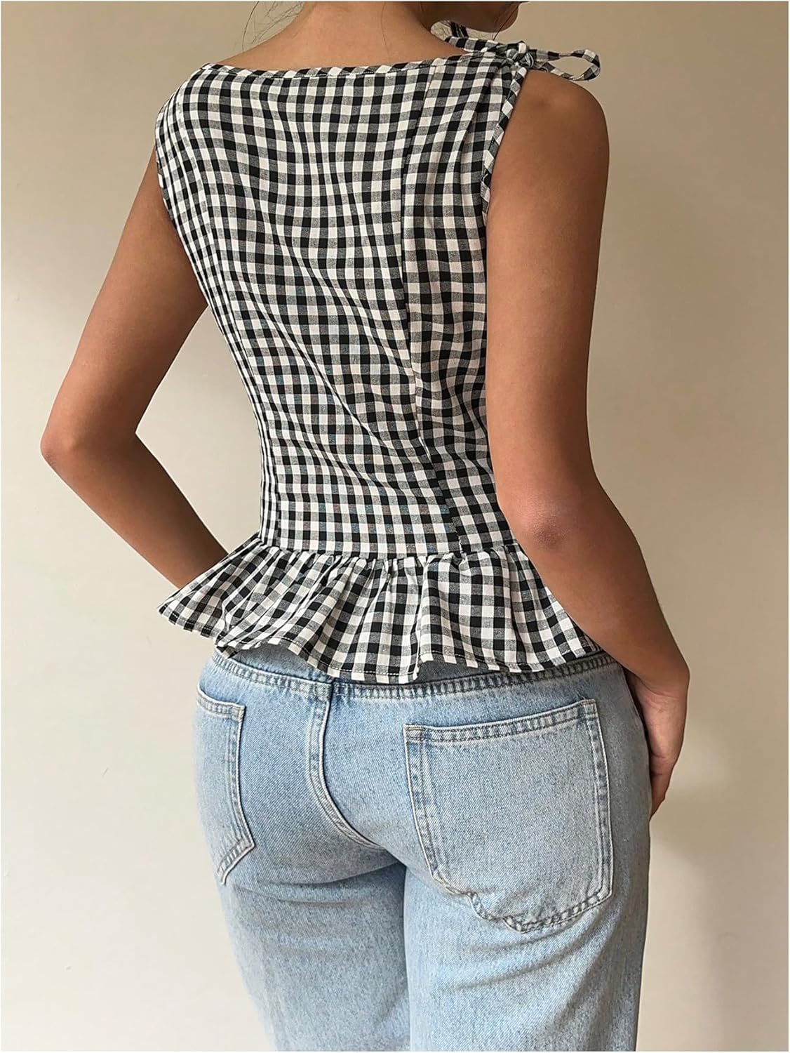 SHENHE Women's Gingham Plaid Ruffle Peplum Tank Smocked Tie Shoulder Vintage Shirt - Image 2