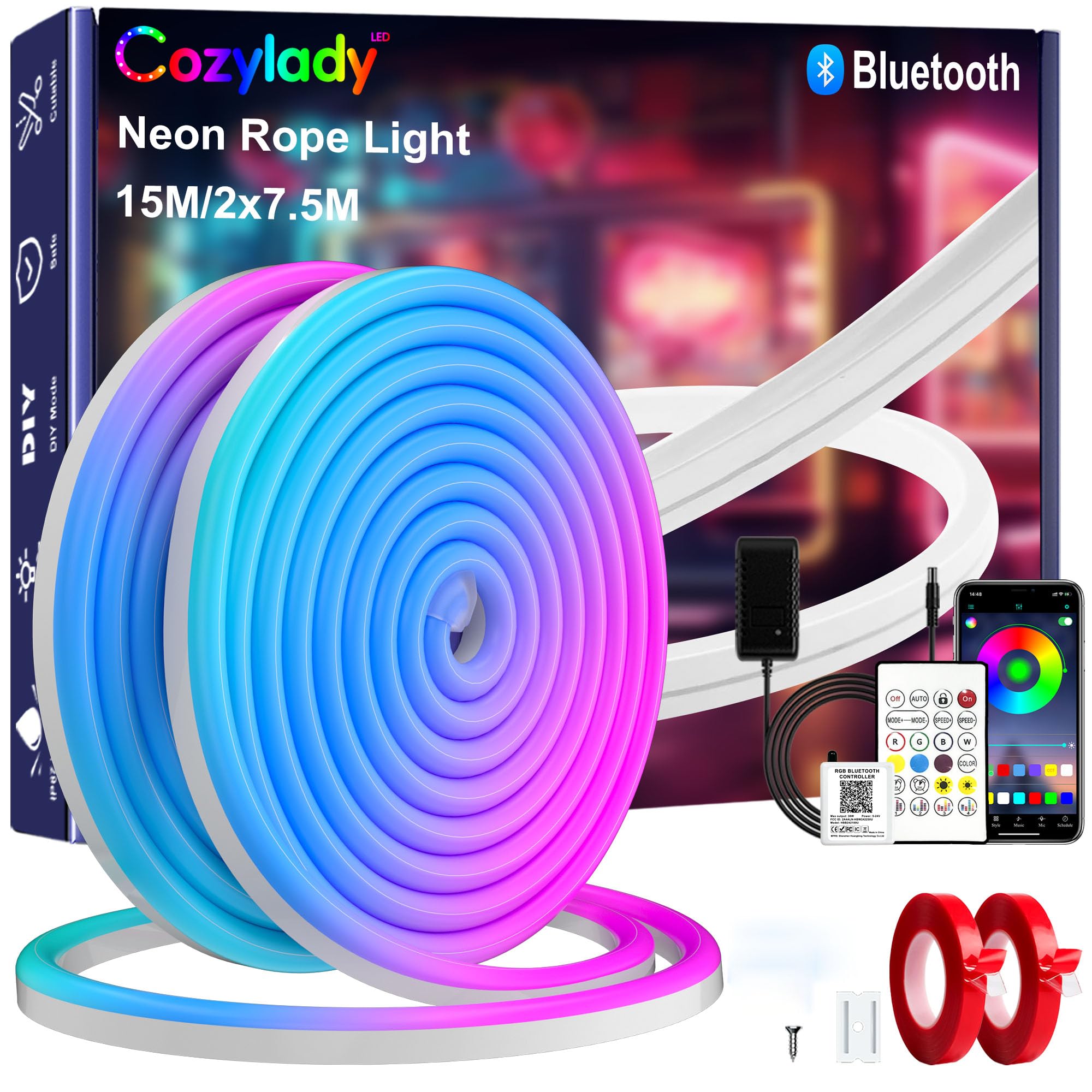Cozylady 50ft Bluetooth RGB LED Neon Light, Waterproof RGB Neon Light APP & Remote Control Music Sync 24V Flexible DIY Silicone Light for Party Balcony Indoor Outdoor Decor(2 Rolls of 7.5m)